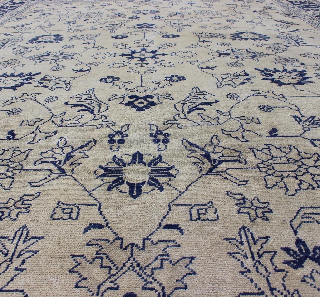 Elegant Floral Vintage Oushak in Blue and Cream with All-Over Design For Sale 3