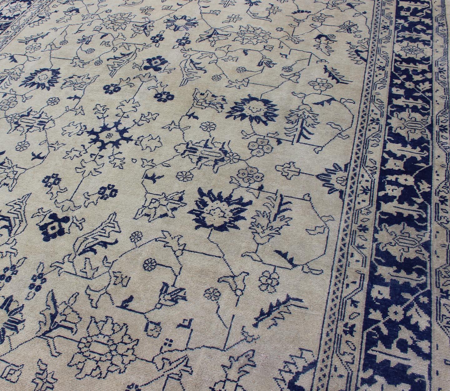 Elegant Floral Vintage Oushak in Blue and Cream with All-Over Design For Sale 1