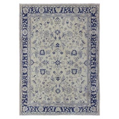 Elegant Floral Vintage Oushak in Blue and Cream with All-Over Design