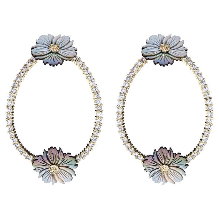 Elegant Flower Black Mother Of Pearl 18K Plated Silver Earrings