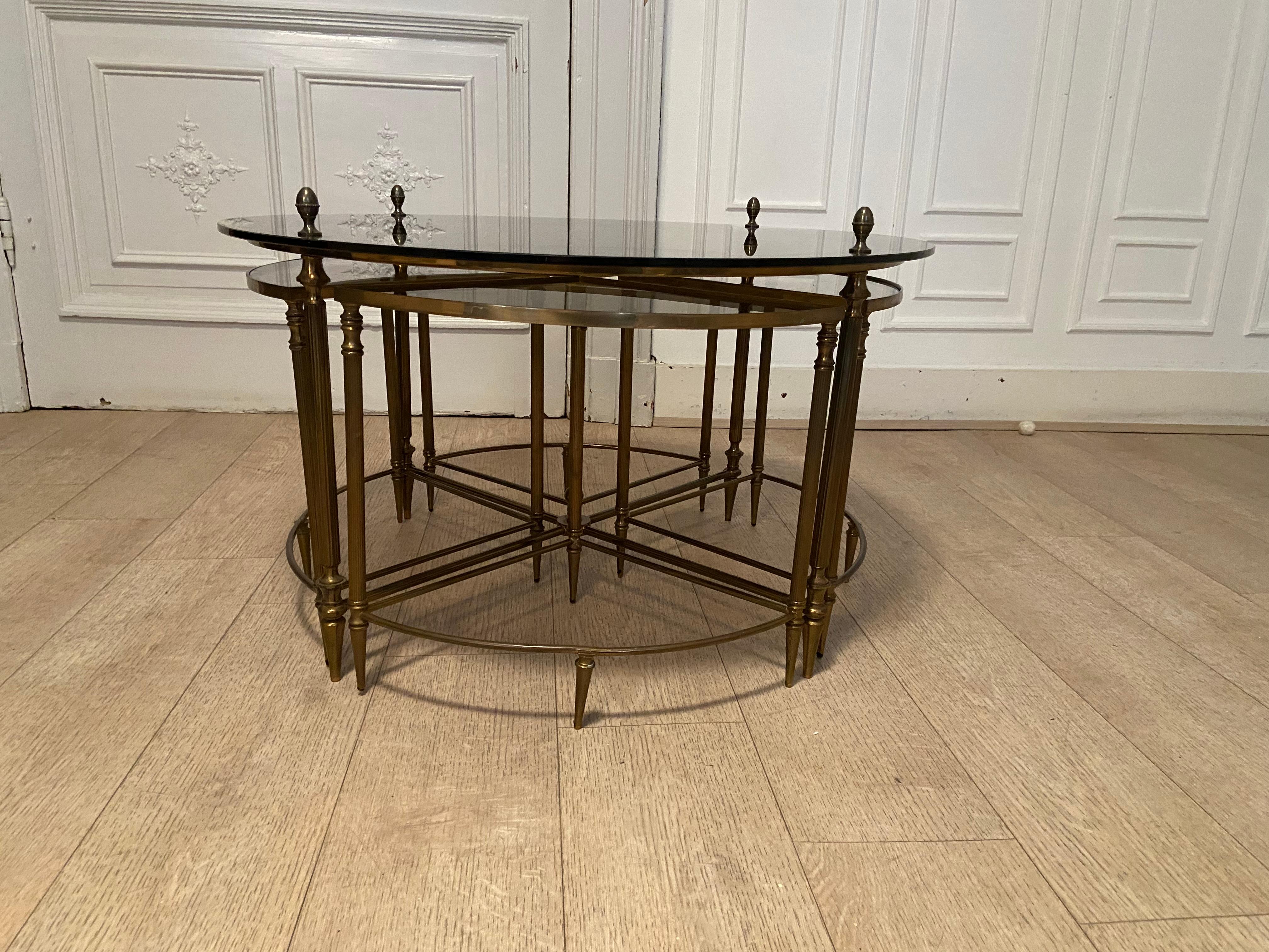 20th Century Elegant Fluted Brass Nesting Tables Attributed to Maison Jansen