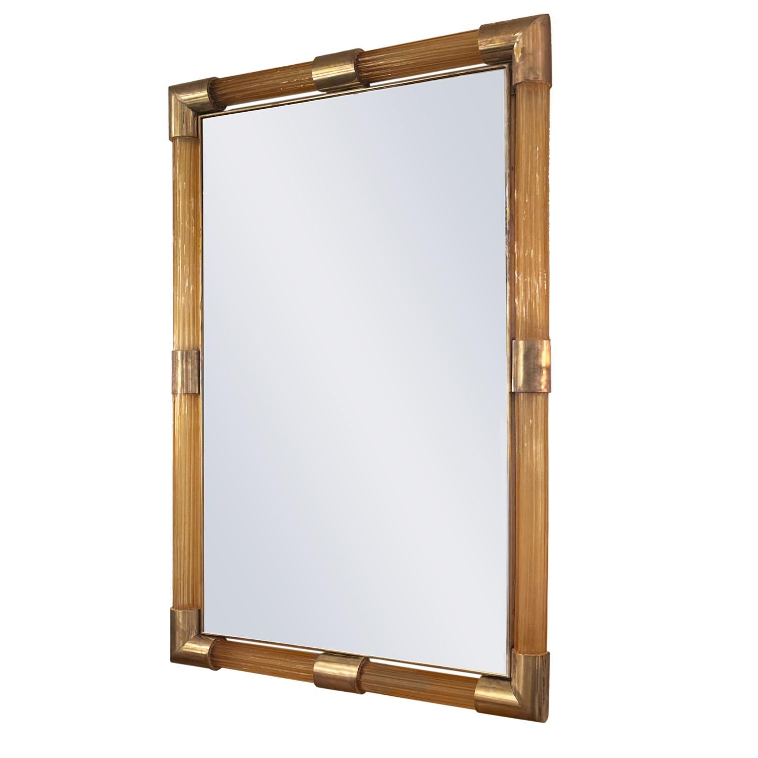 Modern Elegant Fluted Murano Glass Rod Framed Mirror with Brass Detailing For Sale