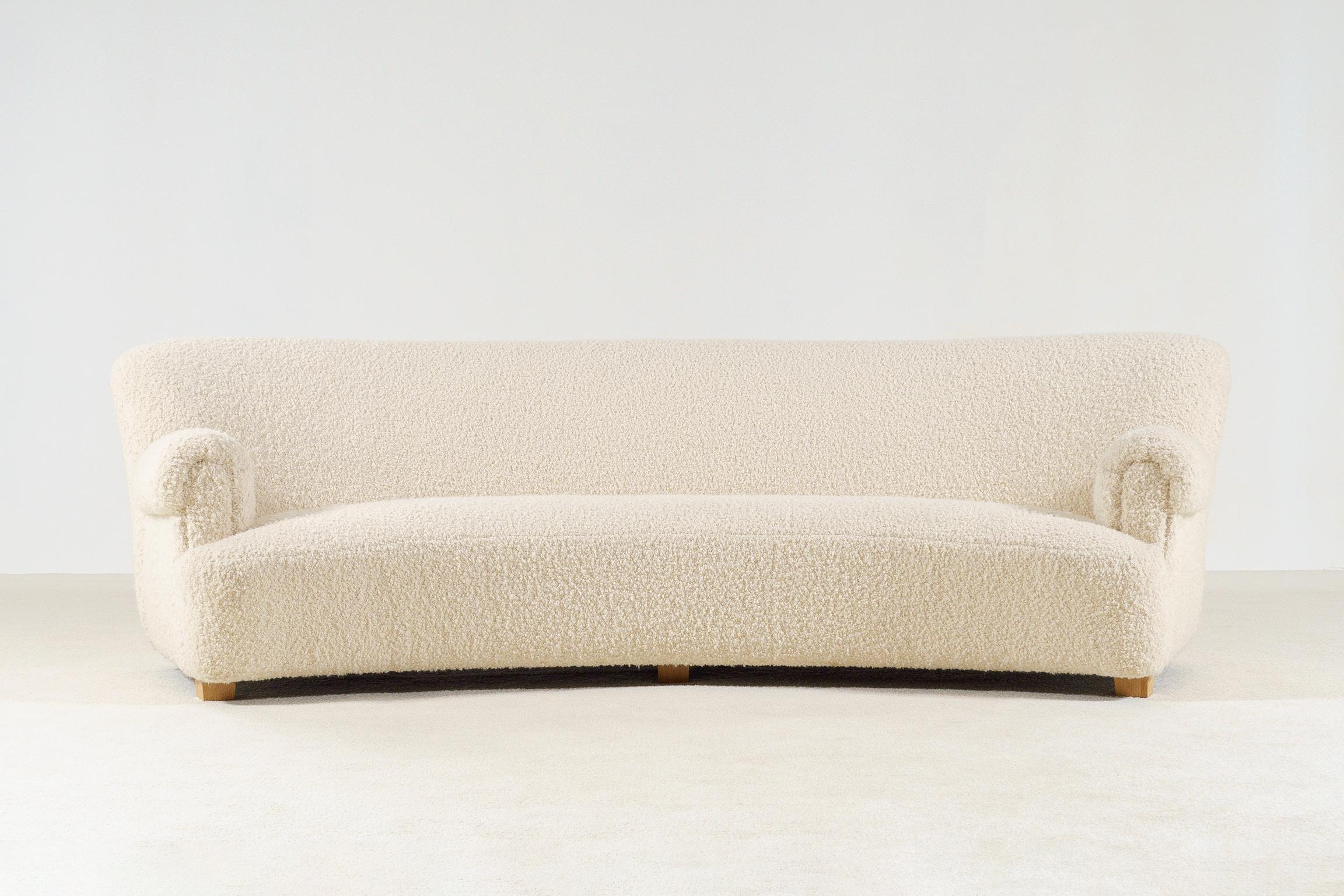 Scandinavian Modern Elegant Four-Seat Danish Curved Sofa, 1940s, New Bouclé Fabric Upholstery