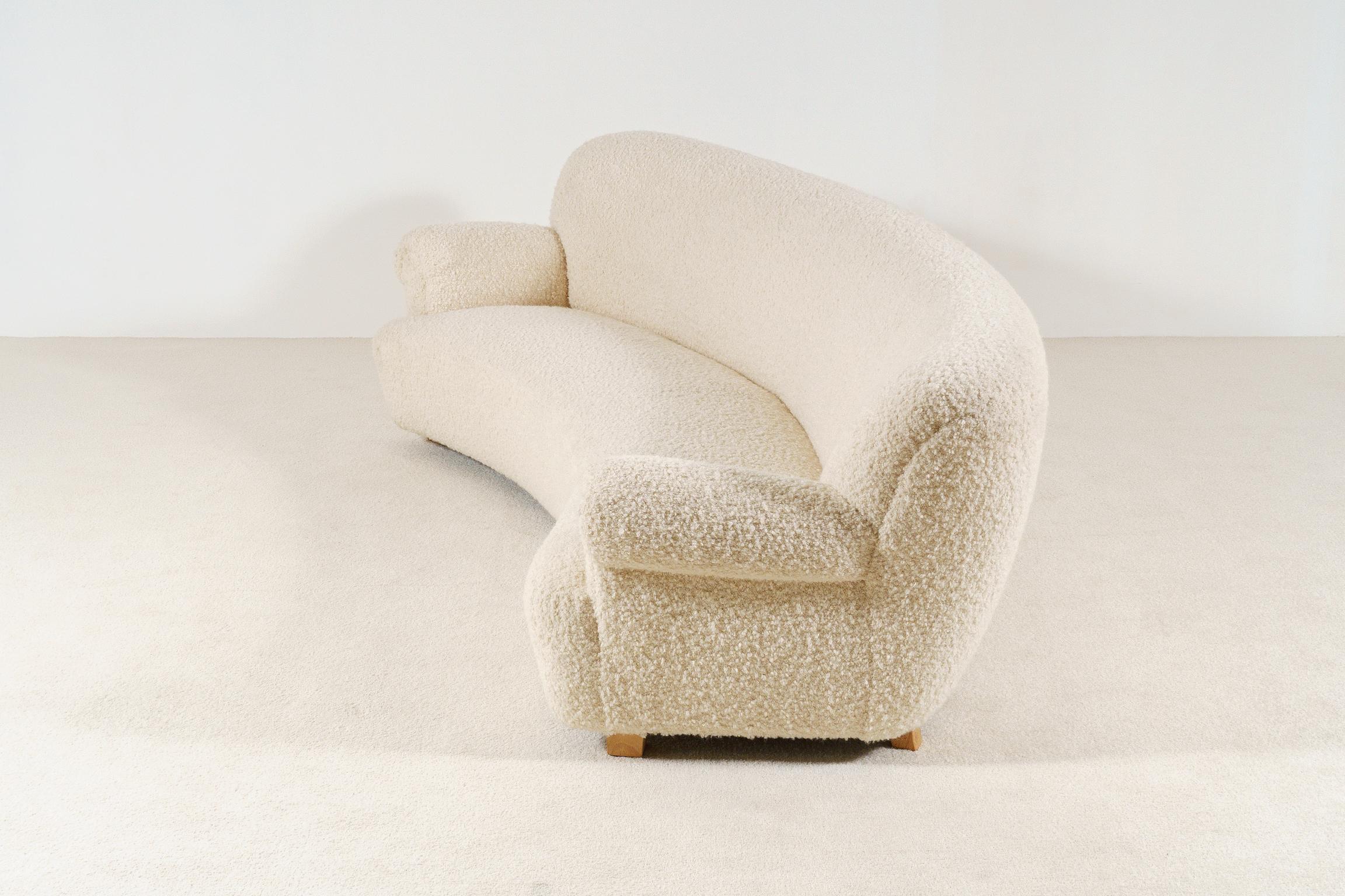 Mid-20th Century Elegant Four-Seat Danish Curved Sofa, 1940s, New Bouclé Fabric Upholstery