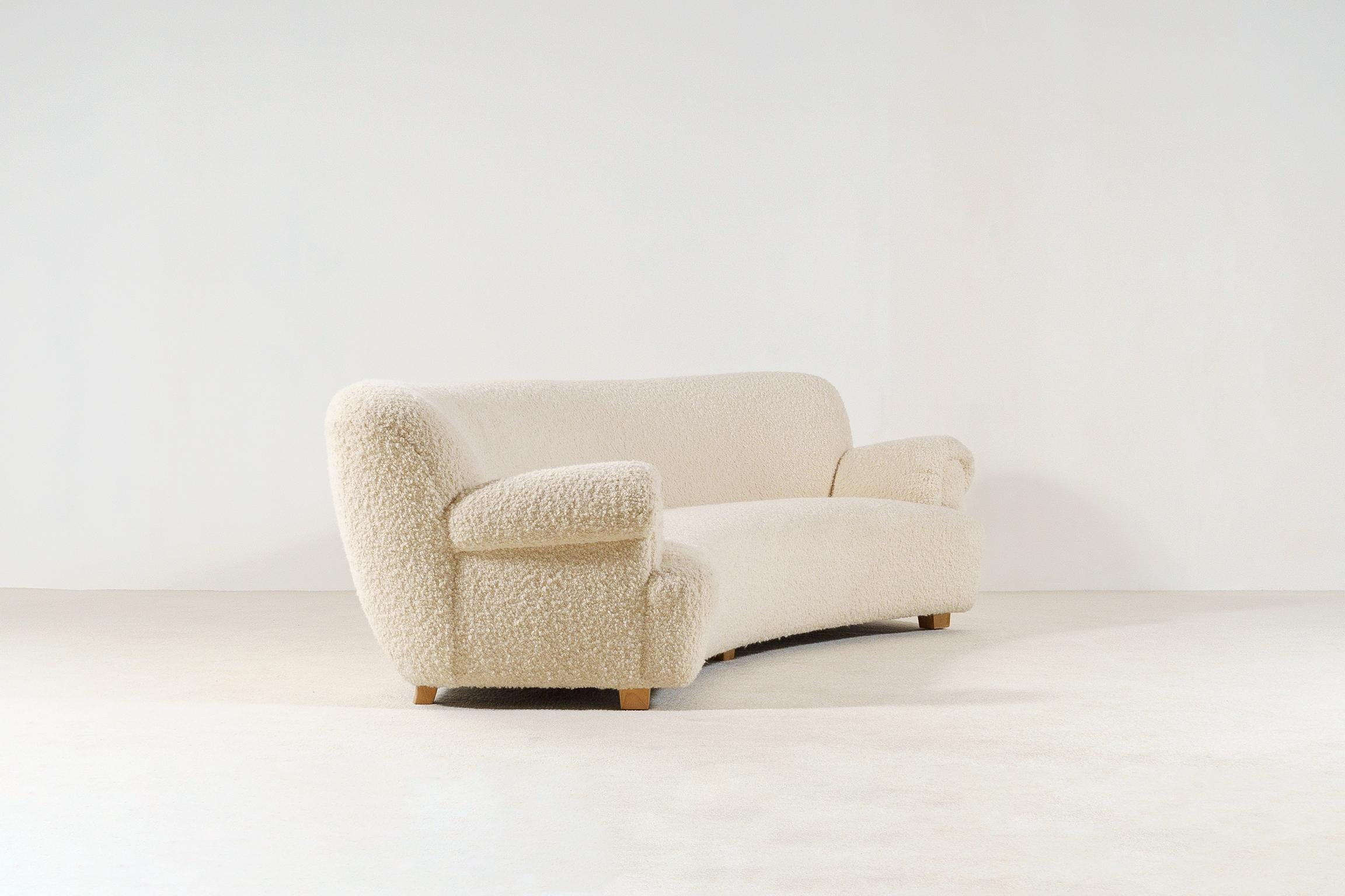 Sheepskin Elegant Four-Seat Danish Curved Sofa, 1940s, New Bouclé Fabric Upholstery