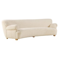 Elegant Four-Seat Danish Curved Sofa, 1940s, New Bouclé Fabric Upholstery