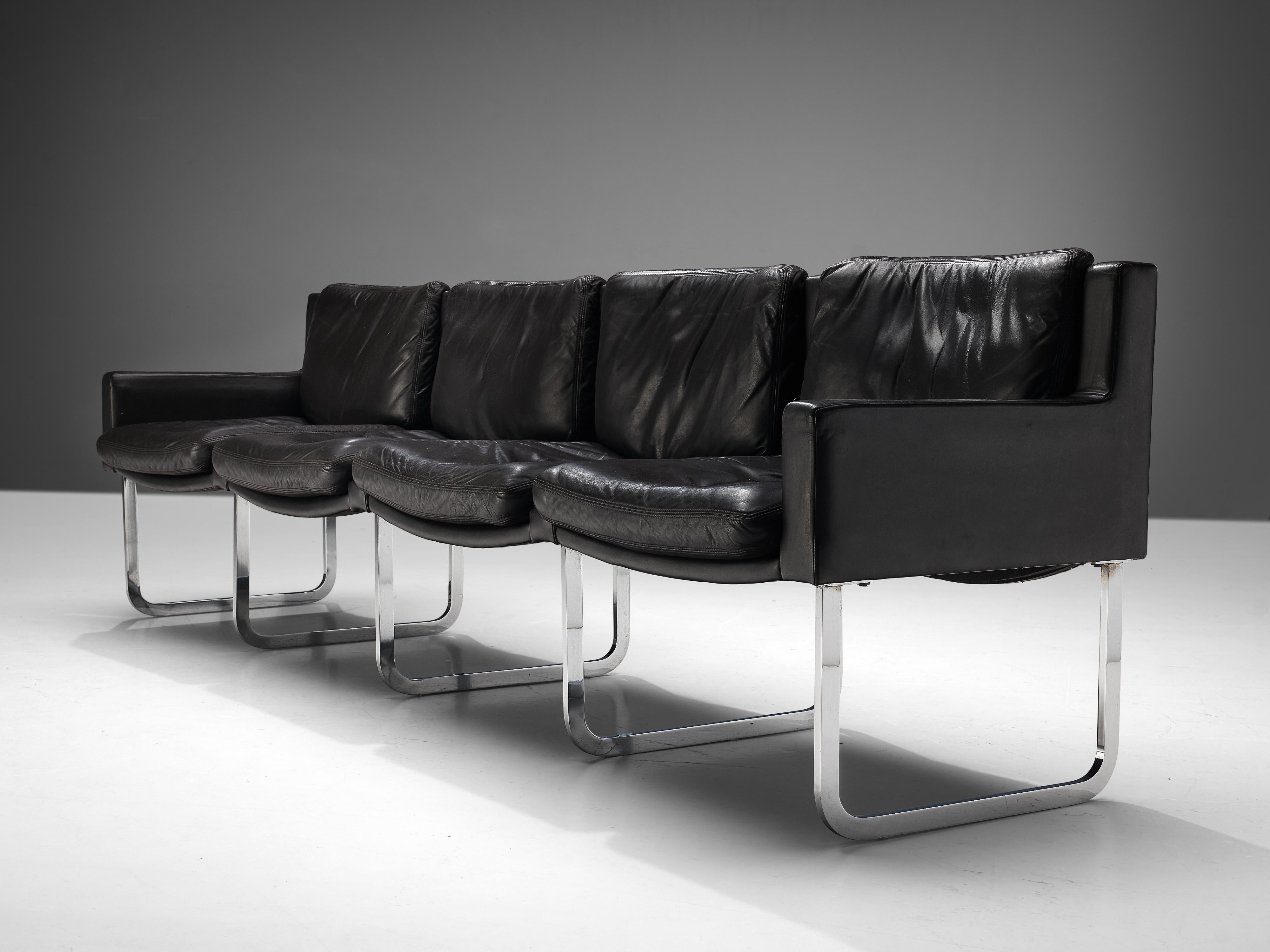Metal Elegant Four-Seat Sofa in Black Leather and Steel