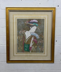 Elegant Framed Painting of Japanese Woman on Cork