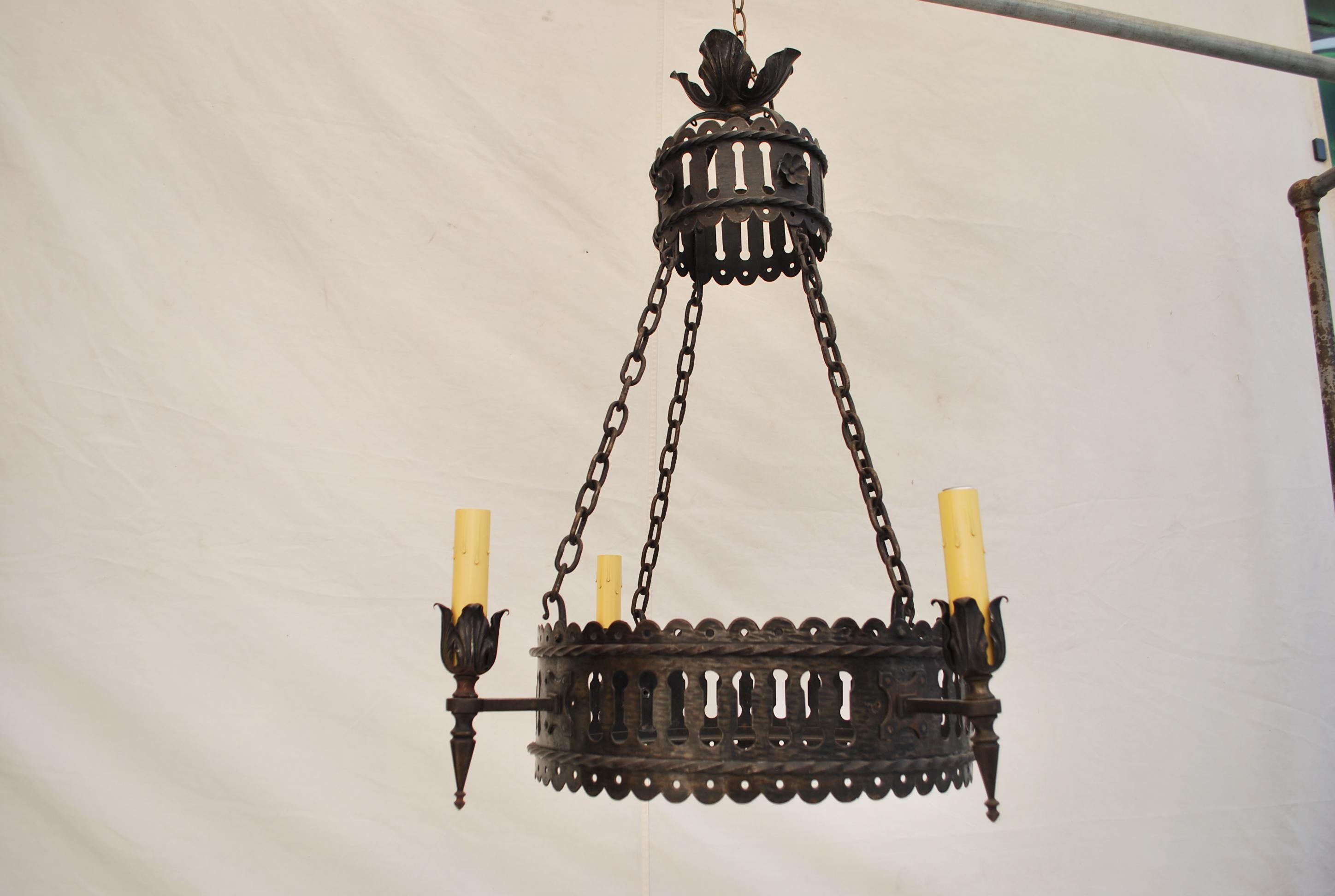 Forged Elegant French 1920's all hands forged wrought iron chandelier For Sale