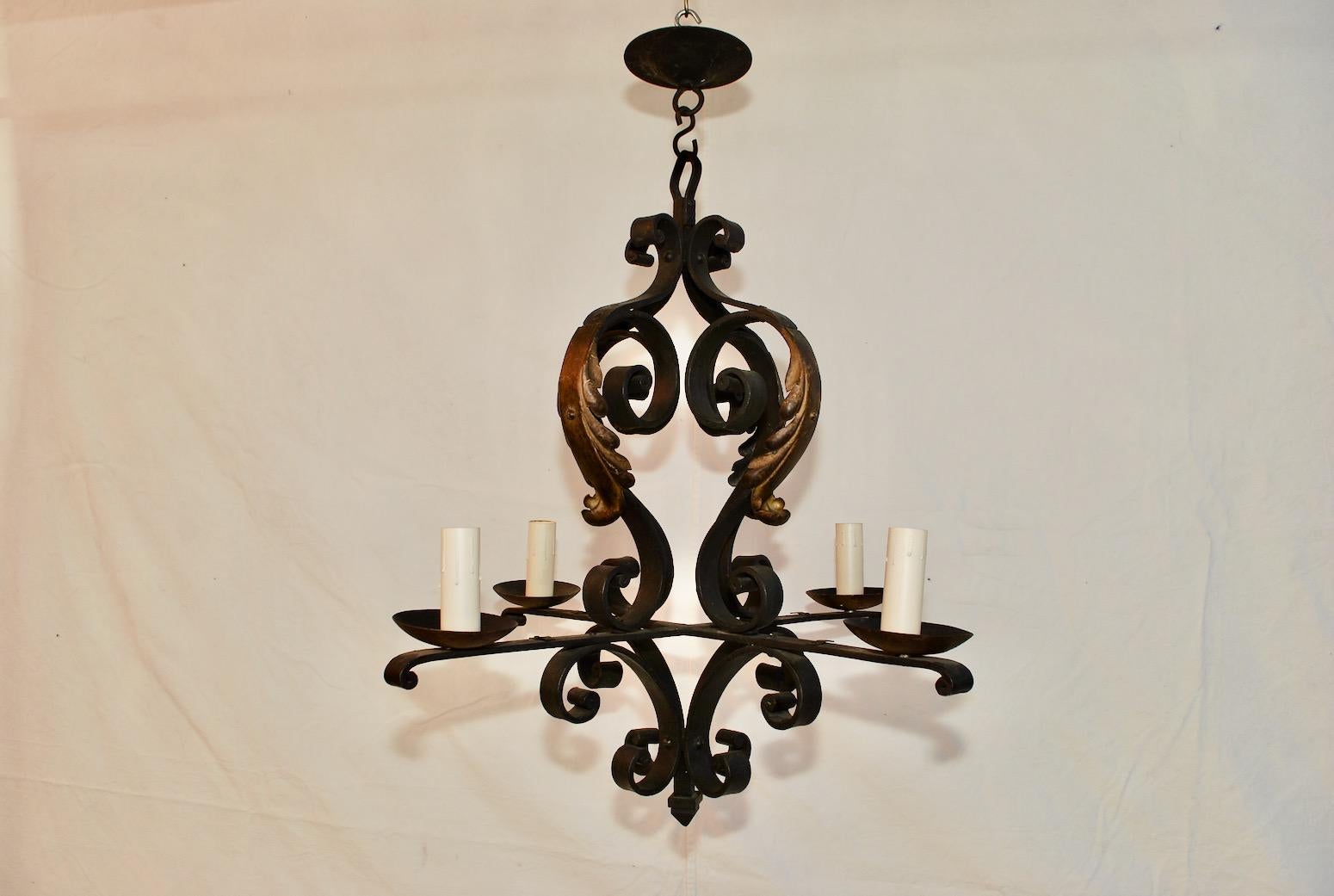 Spanish Colonial Elegant French 1920s Wrought Iron Chandelier