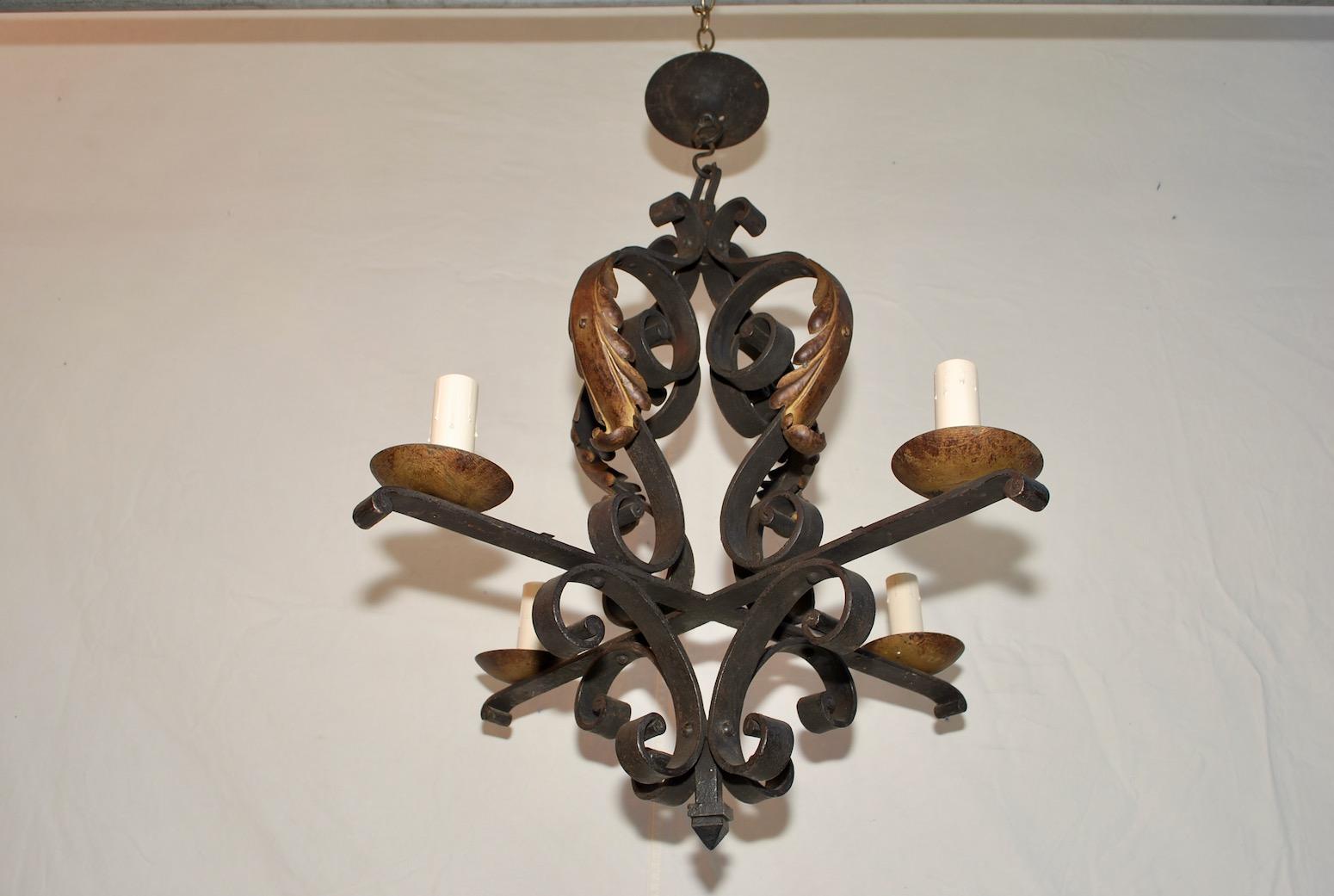 Hammered Elegant French 1920s Wrought Iron Chandelier