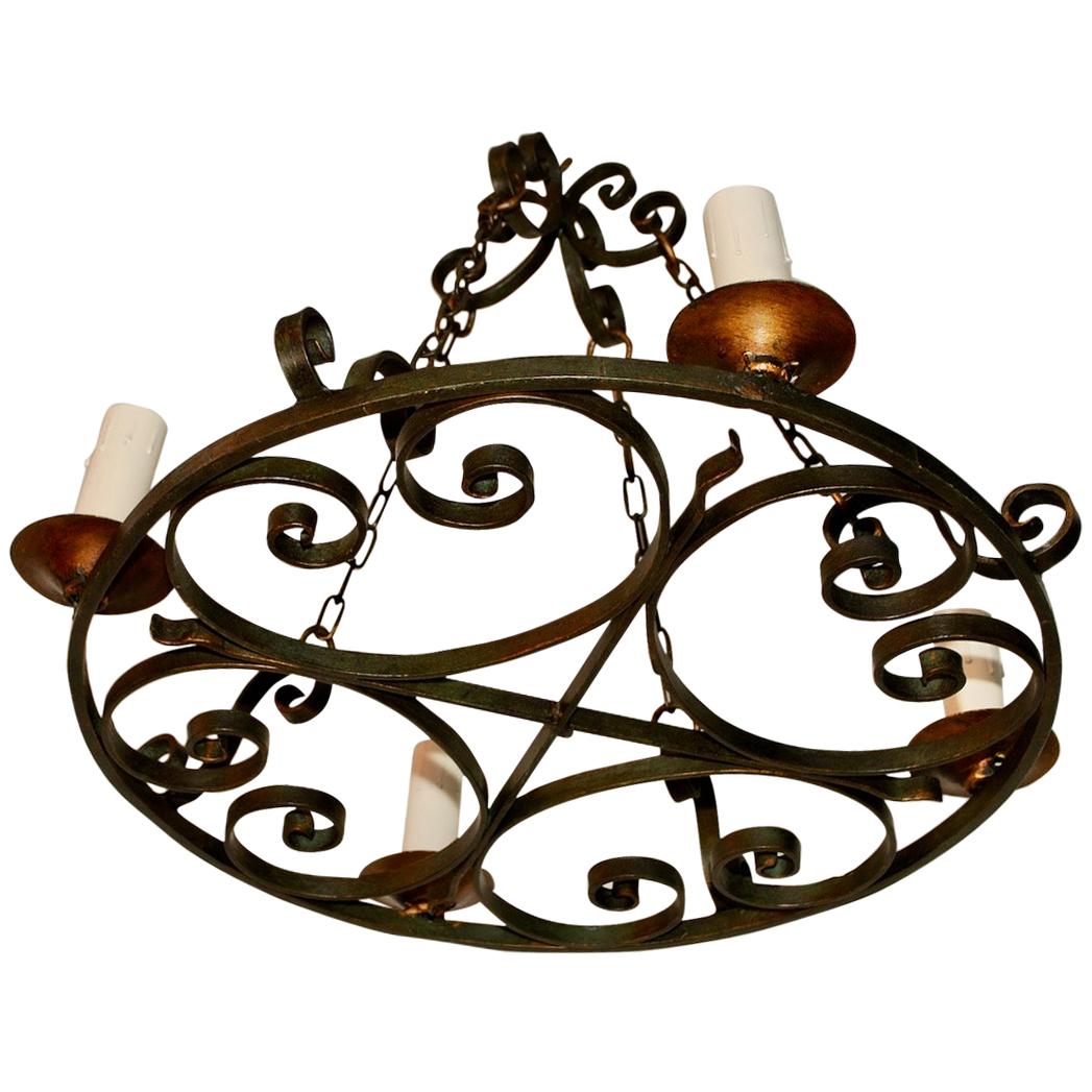 Elegant French 1930s Dark Green Wrought Iron Chandelier