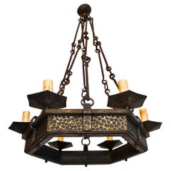 Used Elegant French 1930s Hands Hammered Wrought Iron Chandelier