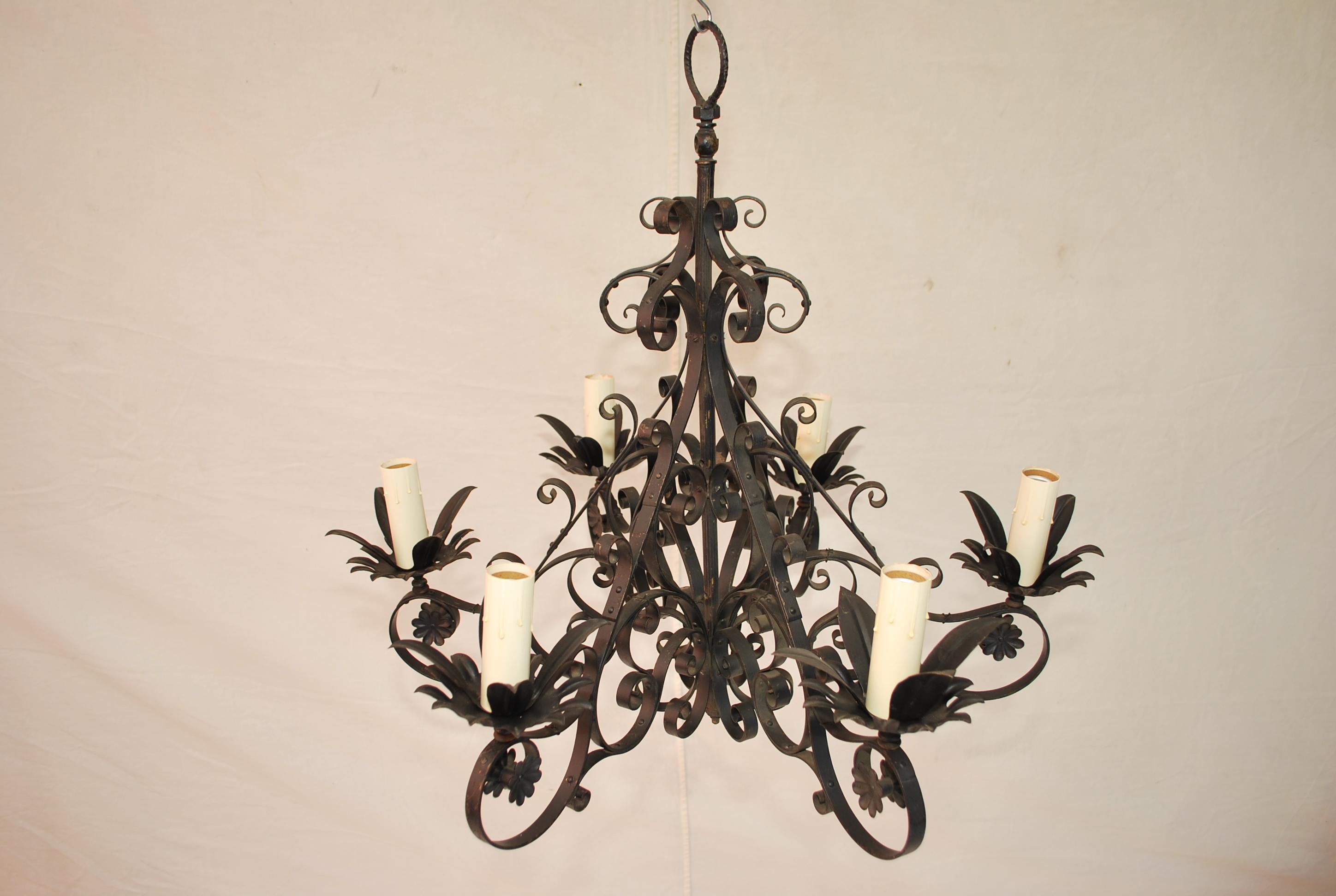 Mid-20th Century Elegant French 1940's wrought iron chandelier For Sale