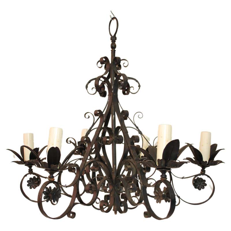 antique French Art Deco wrought iron chandelier For Sale at 1stDibs
