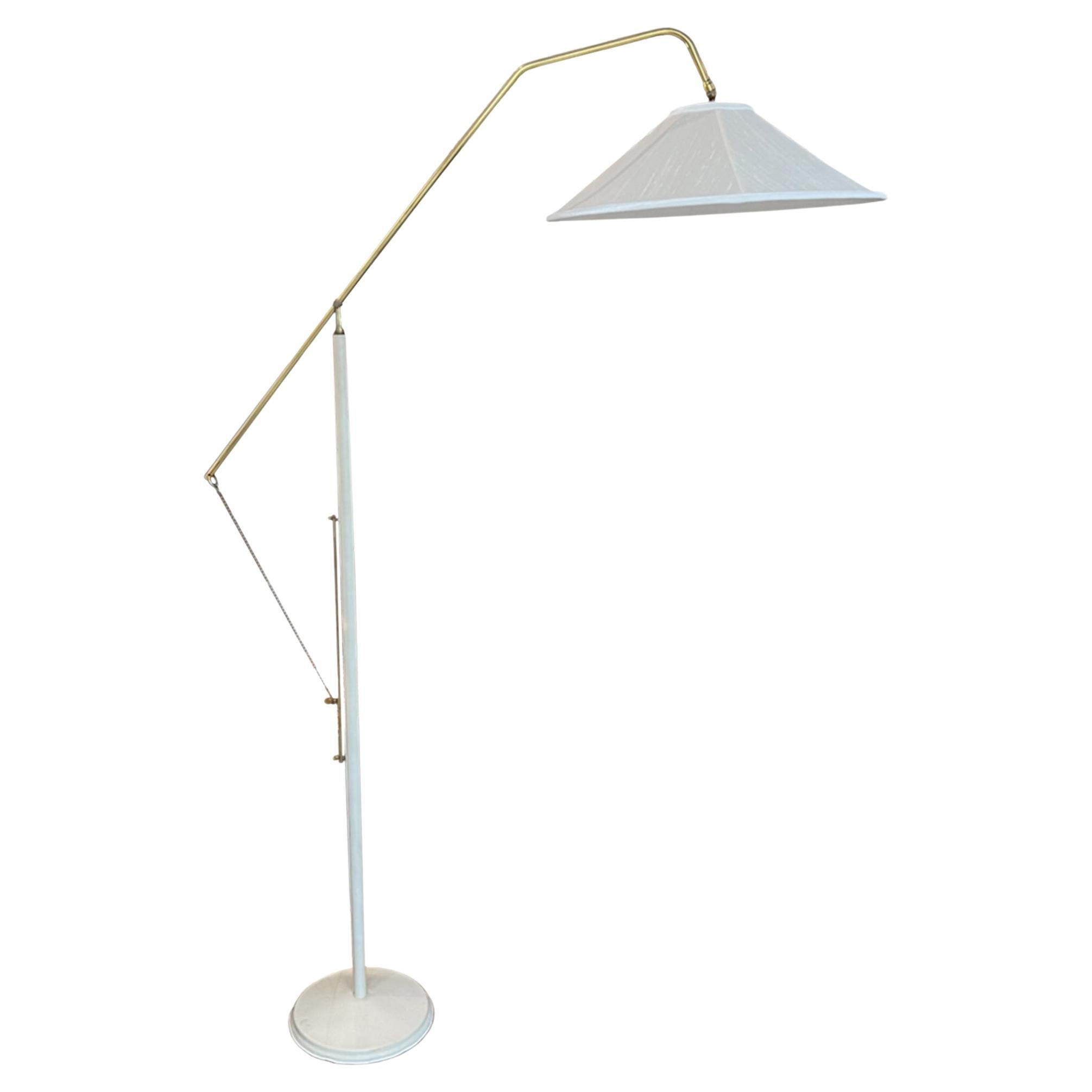 Elegant French 1970s Floor Lamp With Cream Leather Trim And Base For Sale
