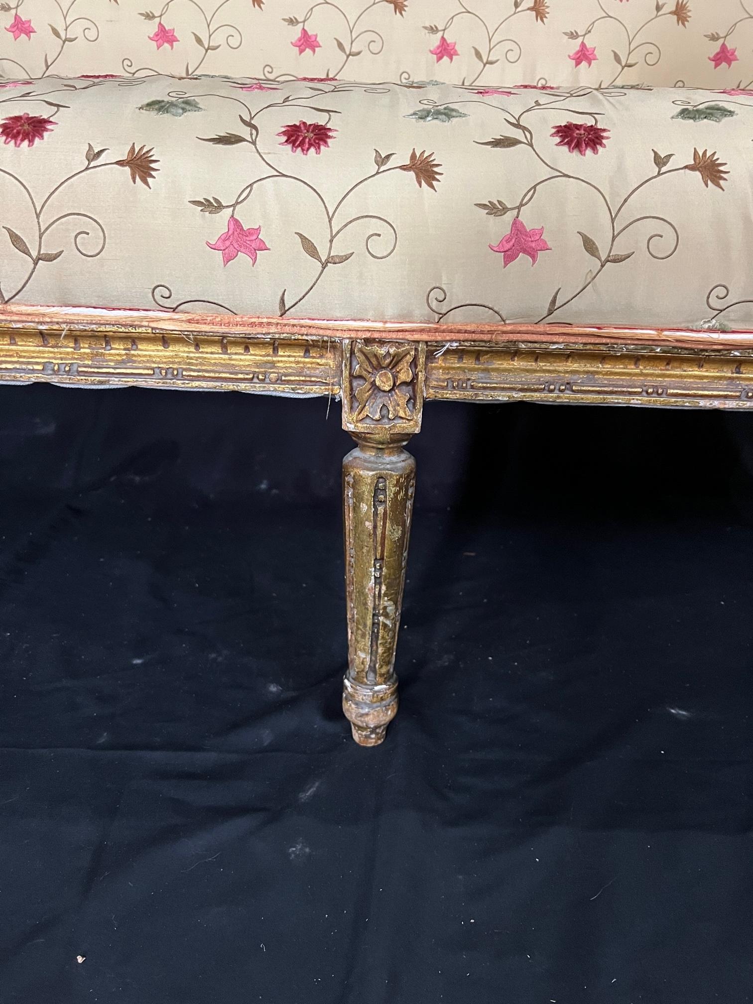 Elegant French 19th Century Gilded Wood Louis XVI Silk Upholstered Sofa 6