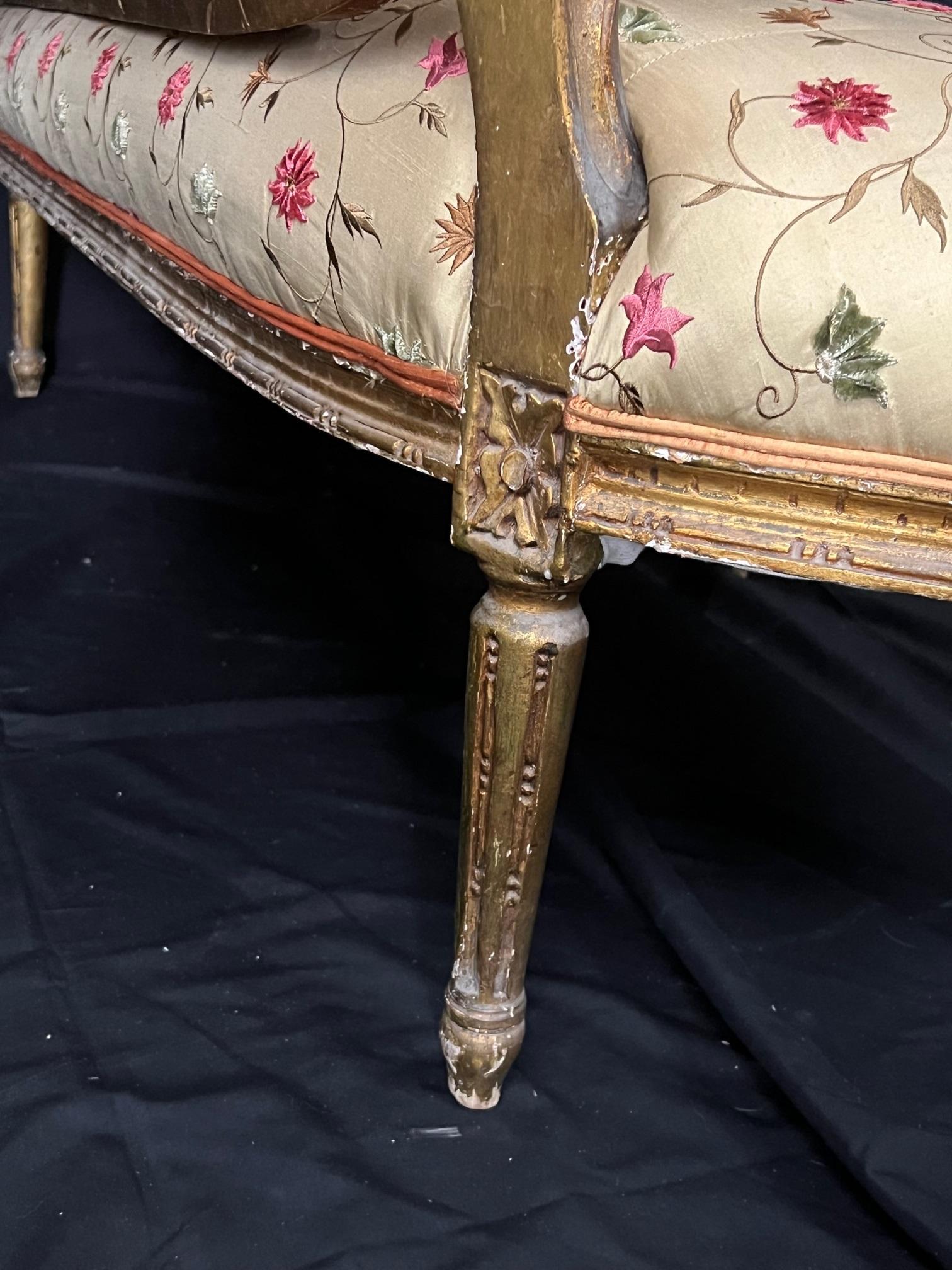 Elegant French 19th Century Gilded Wood Louis XVI Silk Upholstered Sofa 9
