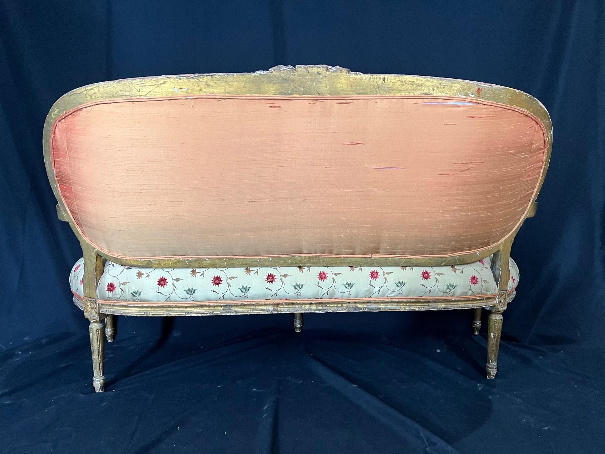 Elegant French 19th Century Gilded Wood Louis XVI Silk Upholstered Sofa 10