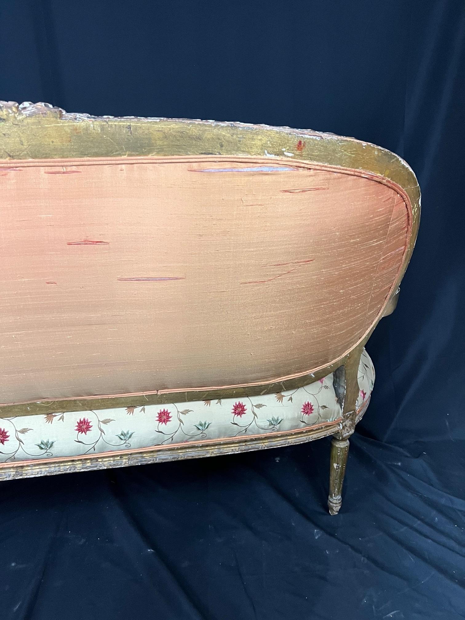 Elegant French 19th Century Gilded Wood Louis XVI Silk Upholstered Sofa 11