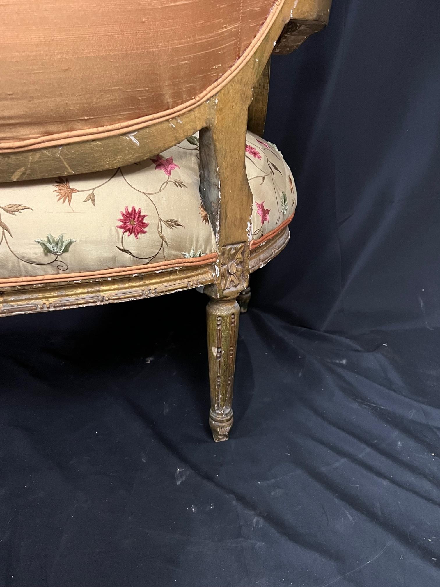Elegant French 19th Century Gilded Wood Louis XVI Silk Upholstered Sofa 15
