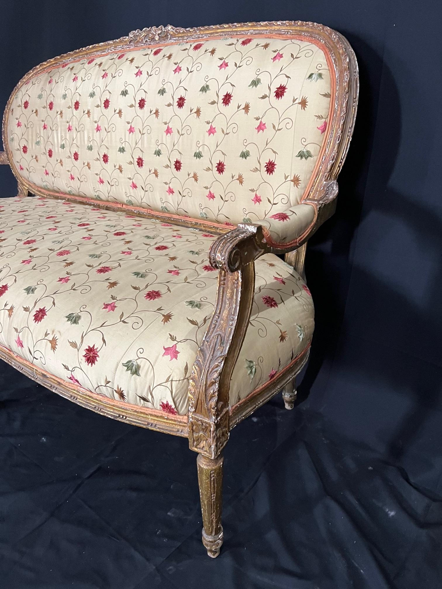 Elegant French 19th Century Gilded Wood Louis XVI Silk Upholstered Sofa 1