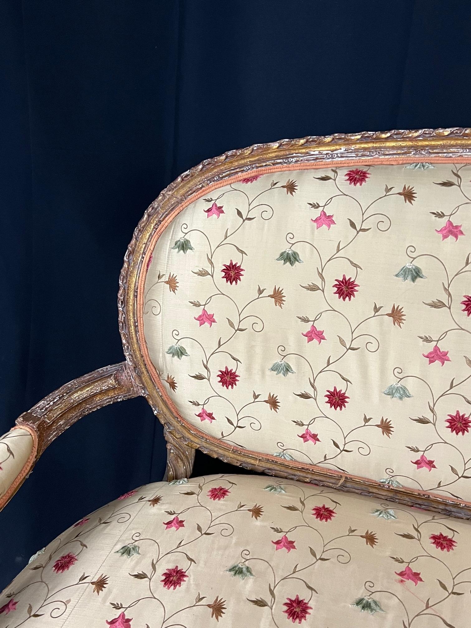 Elegant French 19th Century Gilded Wood Louis XVI Silk Upholstered Sofa 2