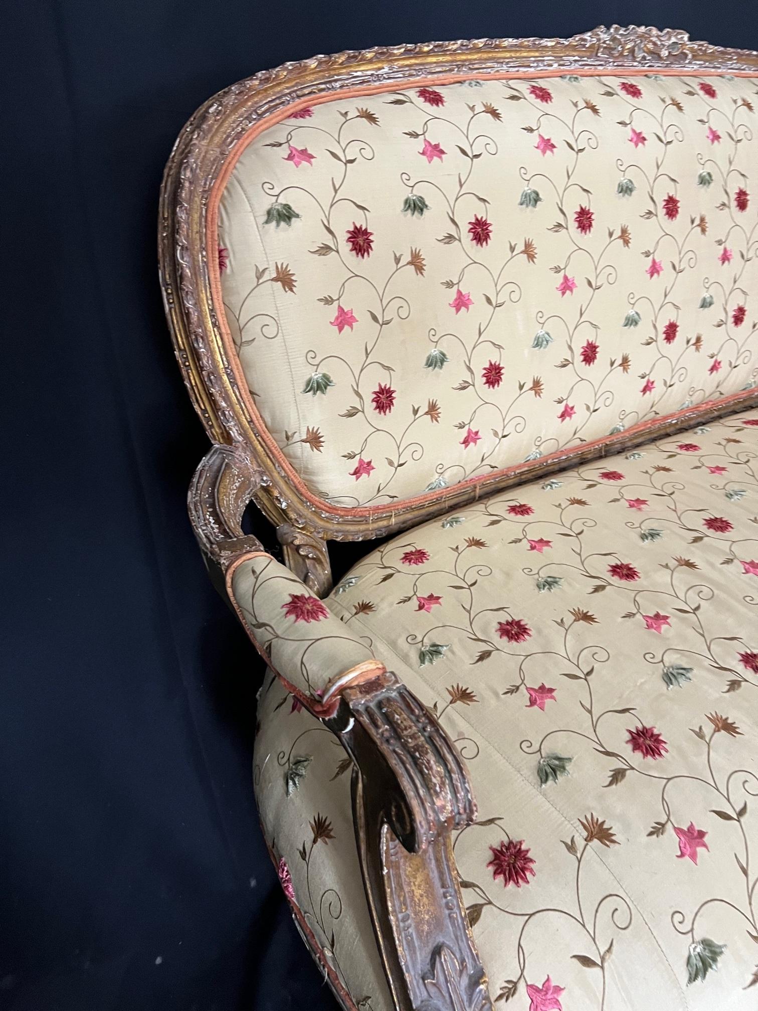 Elegant French 19th Century Gilded Wood Louis XVI Silk Upholstered Sofa 4