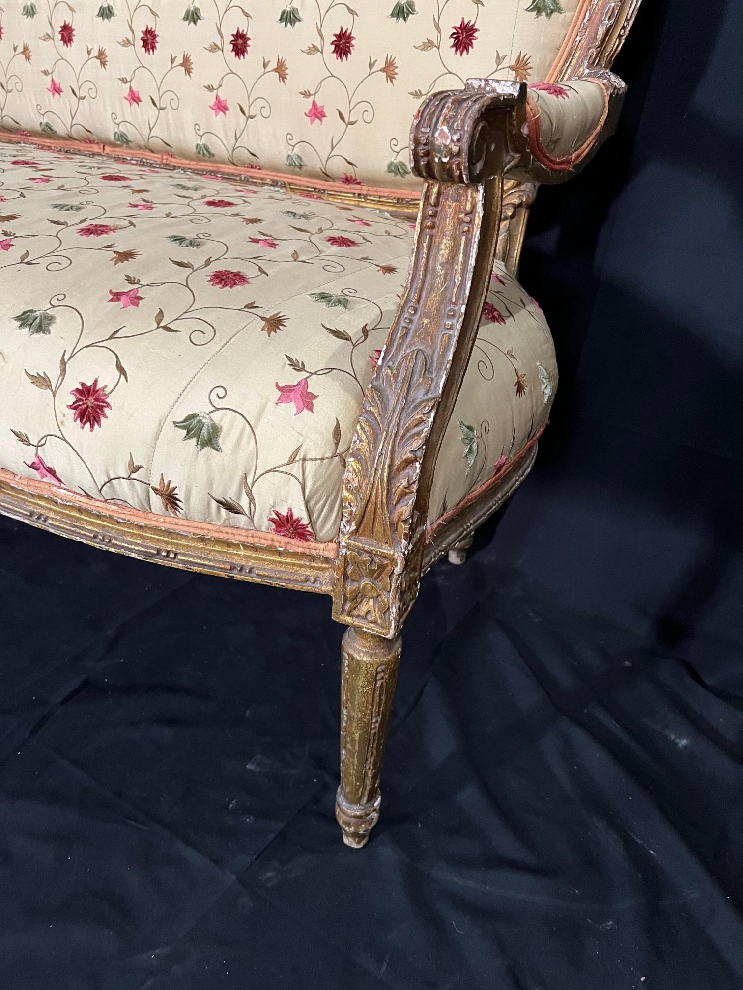 Elegant French 19th Century Gilded Wood Louis XVI Silk Upholstered Sofa 5