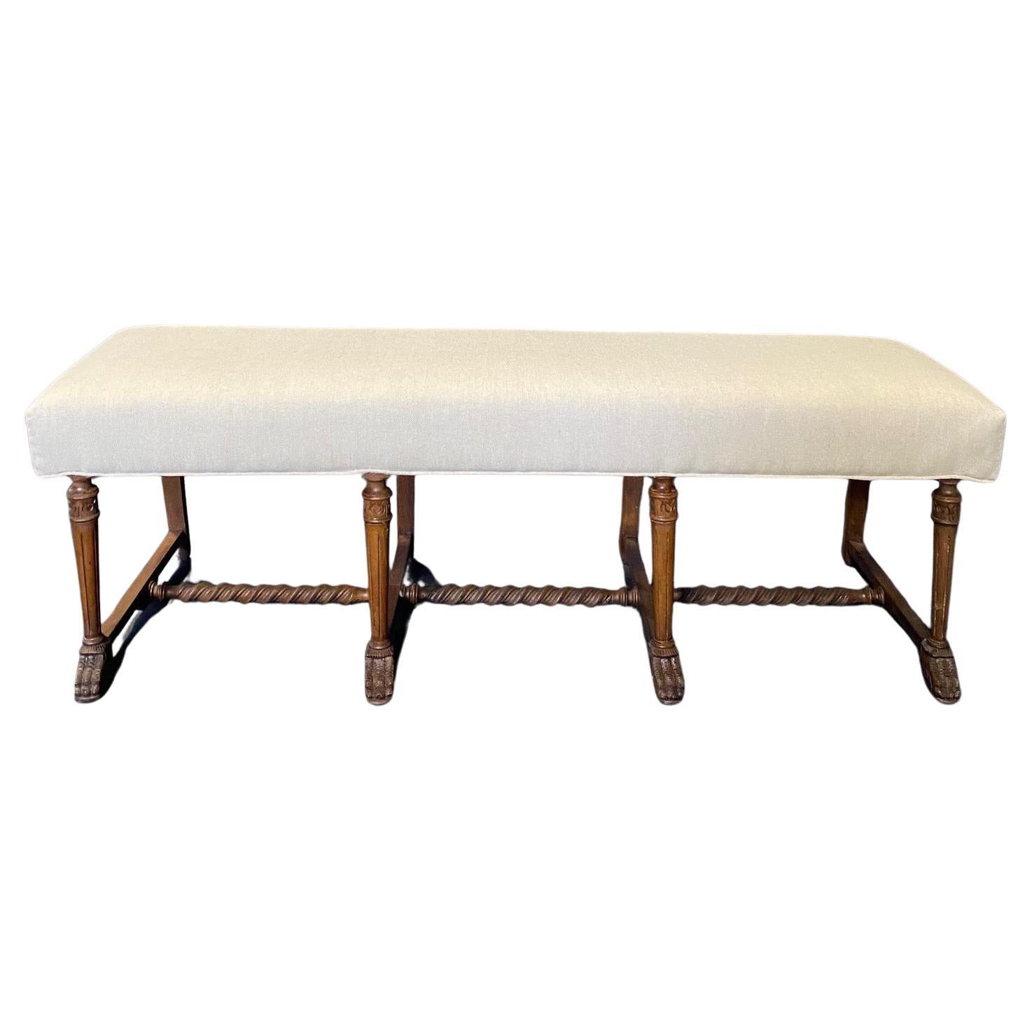 Elegant French Antique Carved Barley Twist Bench with Carved Feet
