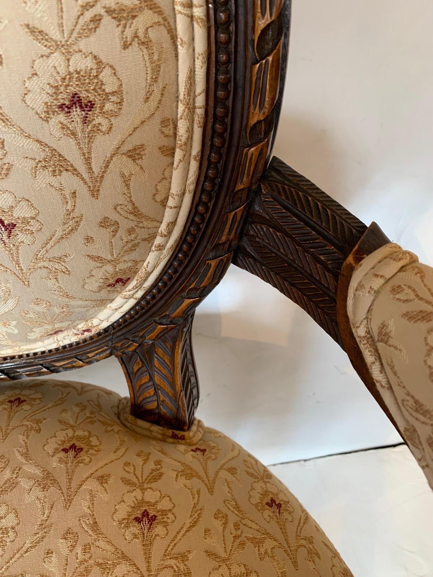 Elegant French Antique Carved Wood & Upholstered Armchair and Ottoman For Sale 4