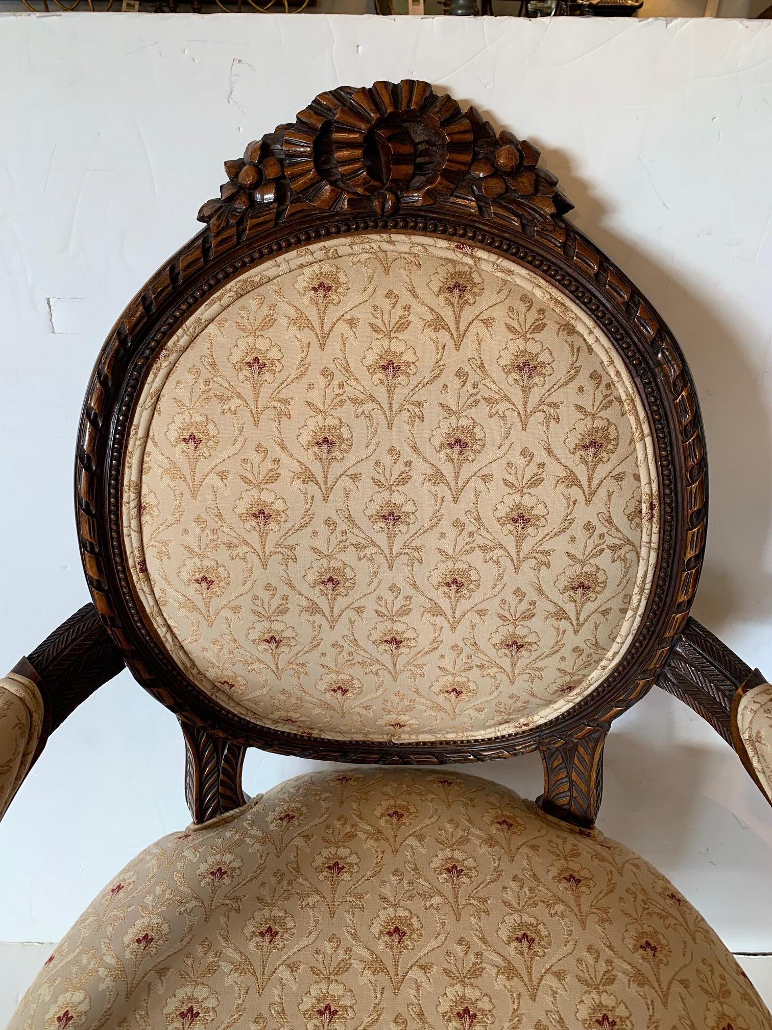 Elegant French Antique Carved Wood & Upholstered Armchair and Ottoman For Sale 5