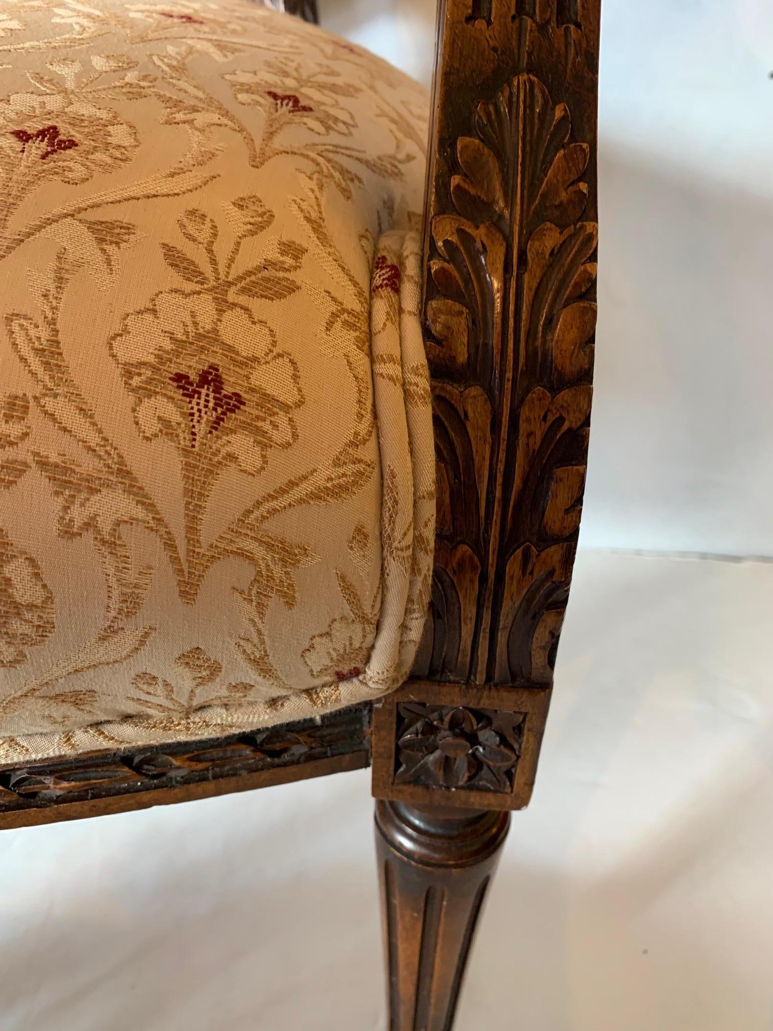 Elegant French Antique Carved Wood & Upholstered Armchair and Ottoman In Good Condition For Sale In Hopewell, NJ