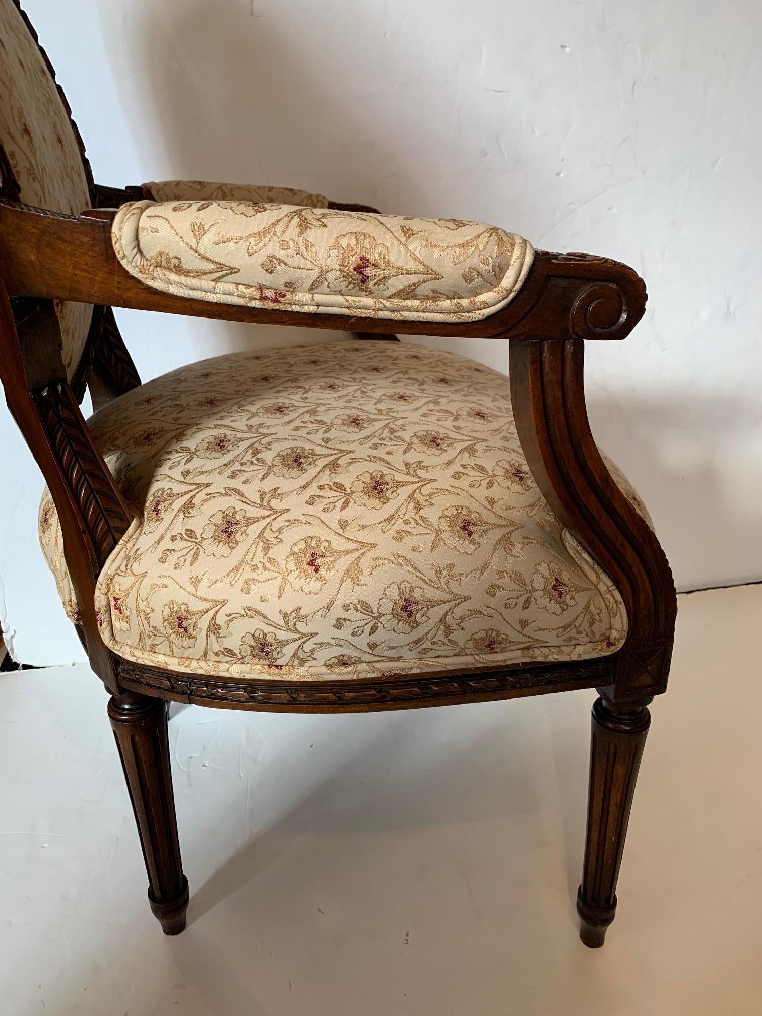 Early 20th Century Elegant French Antique Carved Wood & Upholstered Armchair and Ottoman For Sale