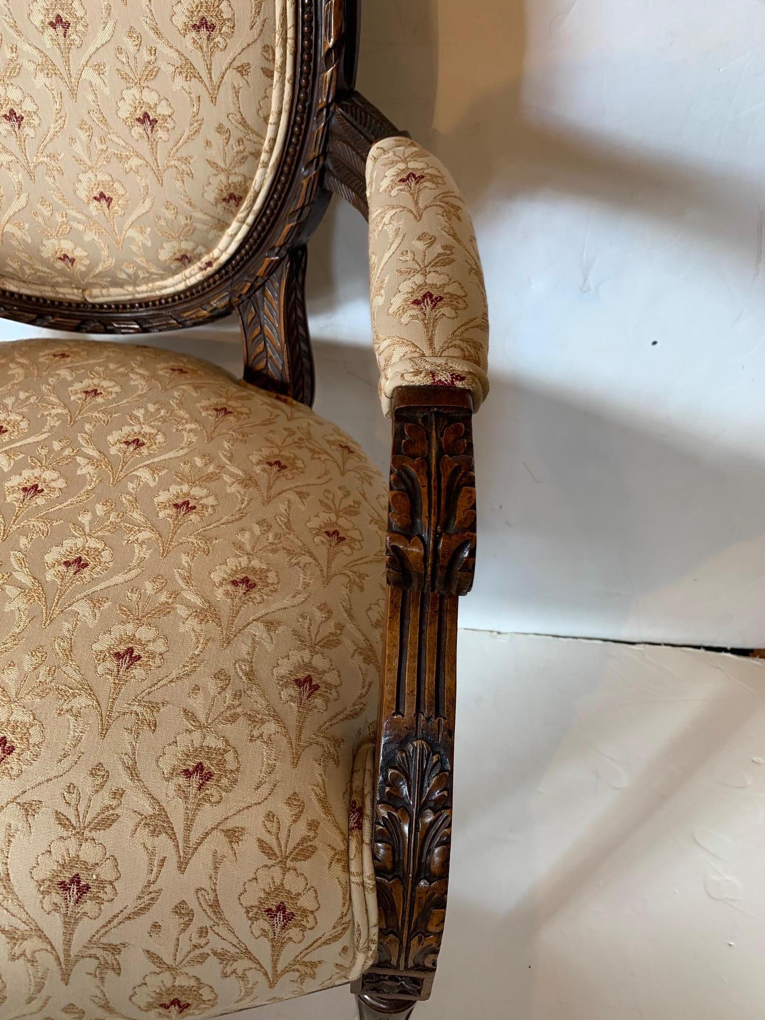 Upholstery Elegant French Antique Carved Wood & Upholstered Armchair and Ottoman For Sale