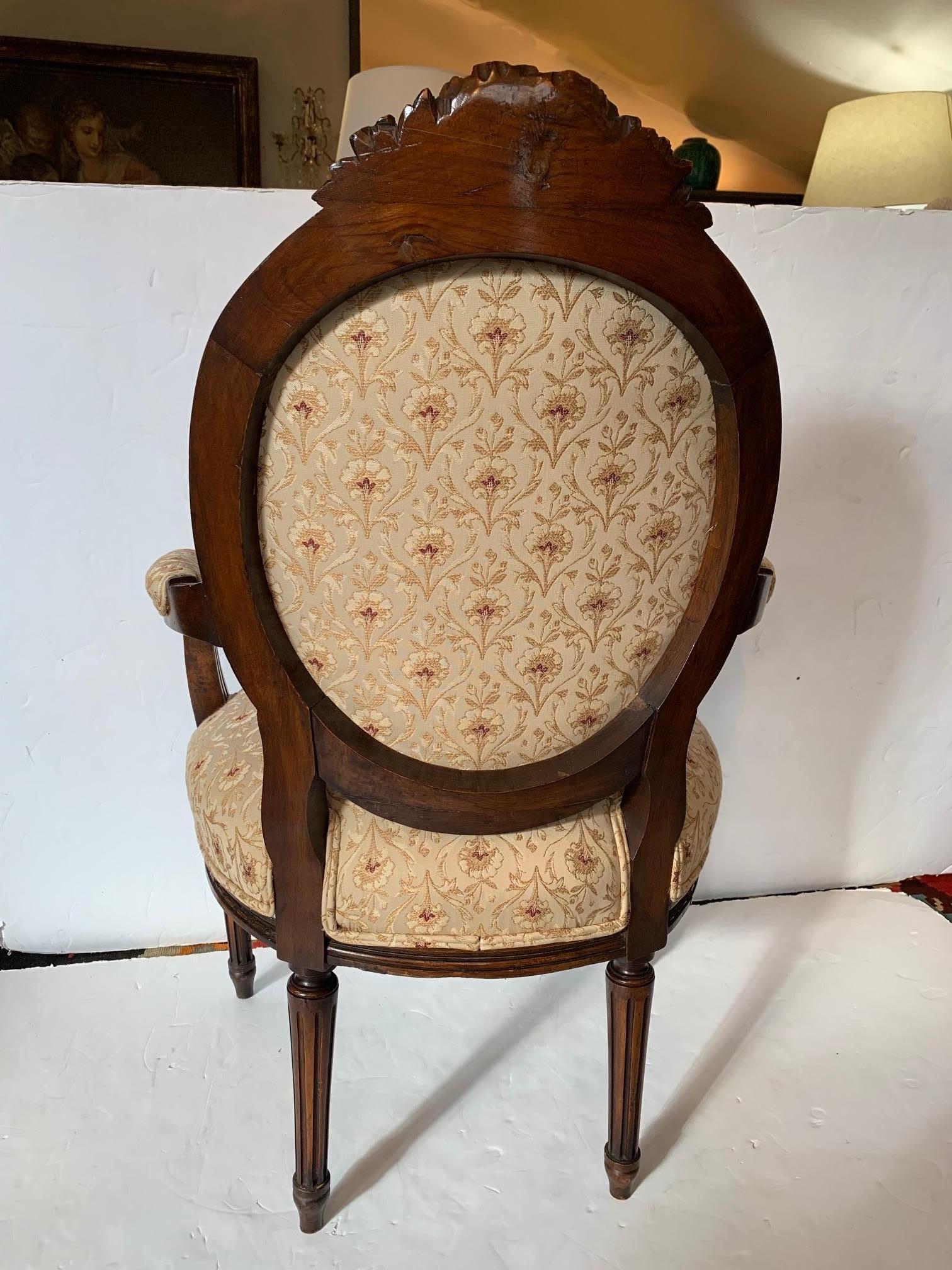 Elegant French Antique Carved Wood & Upholstered Armchair and Ottoman For Sale 1
