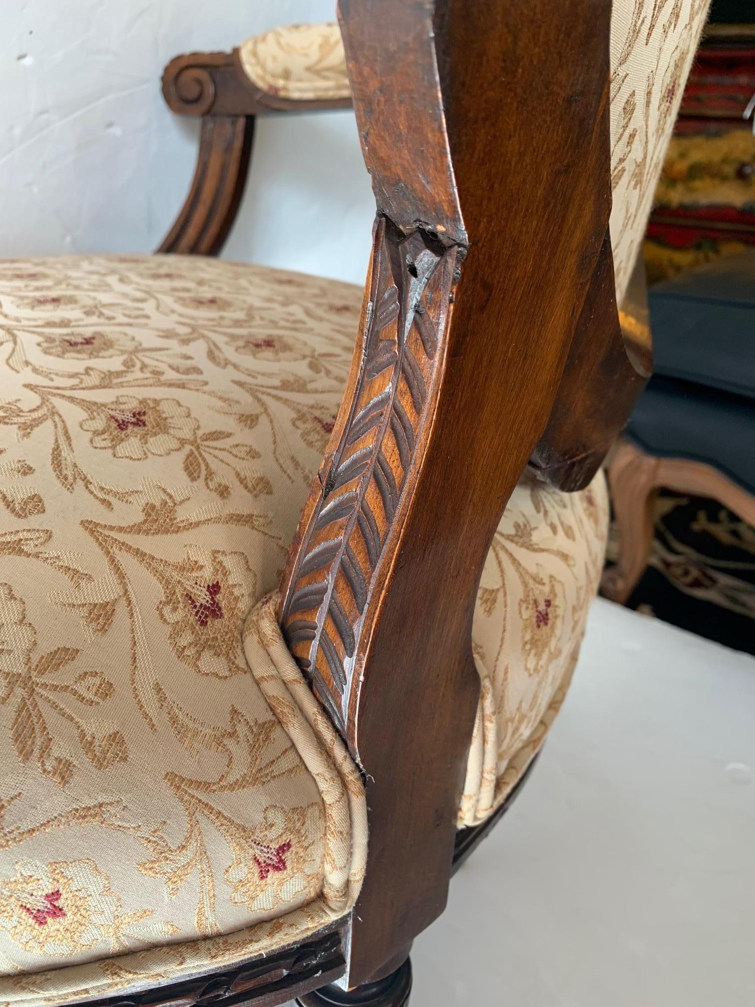 Elegant French Antique Carved Wood & Upholstered Armchair and Ottoman For Sale 3