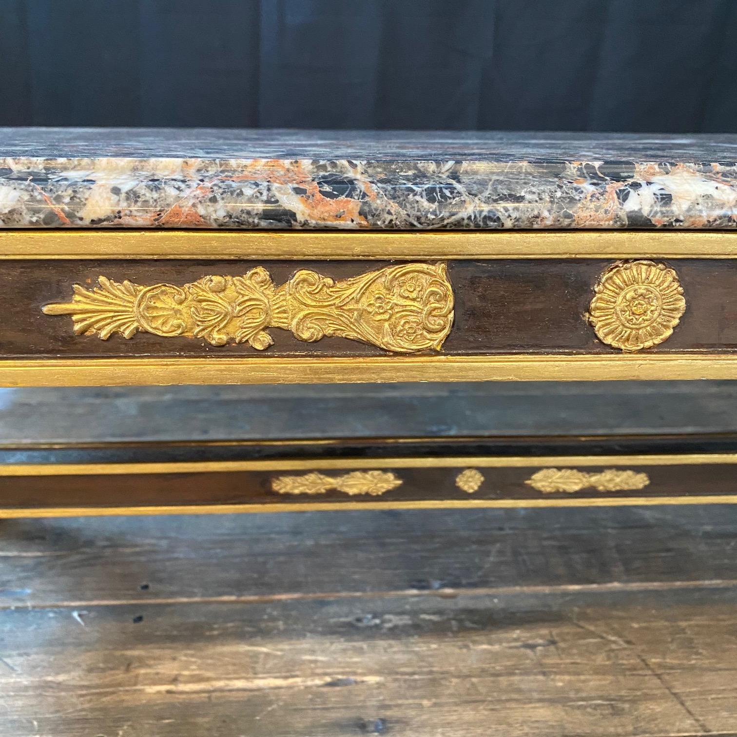 Elegant French Antique Neoclassical Ebony and Gold Gilt Marble Top Coffee Table  For Sale 6