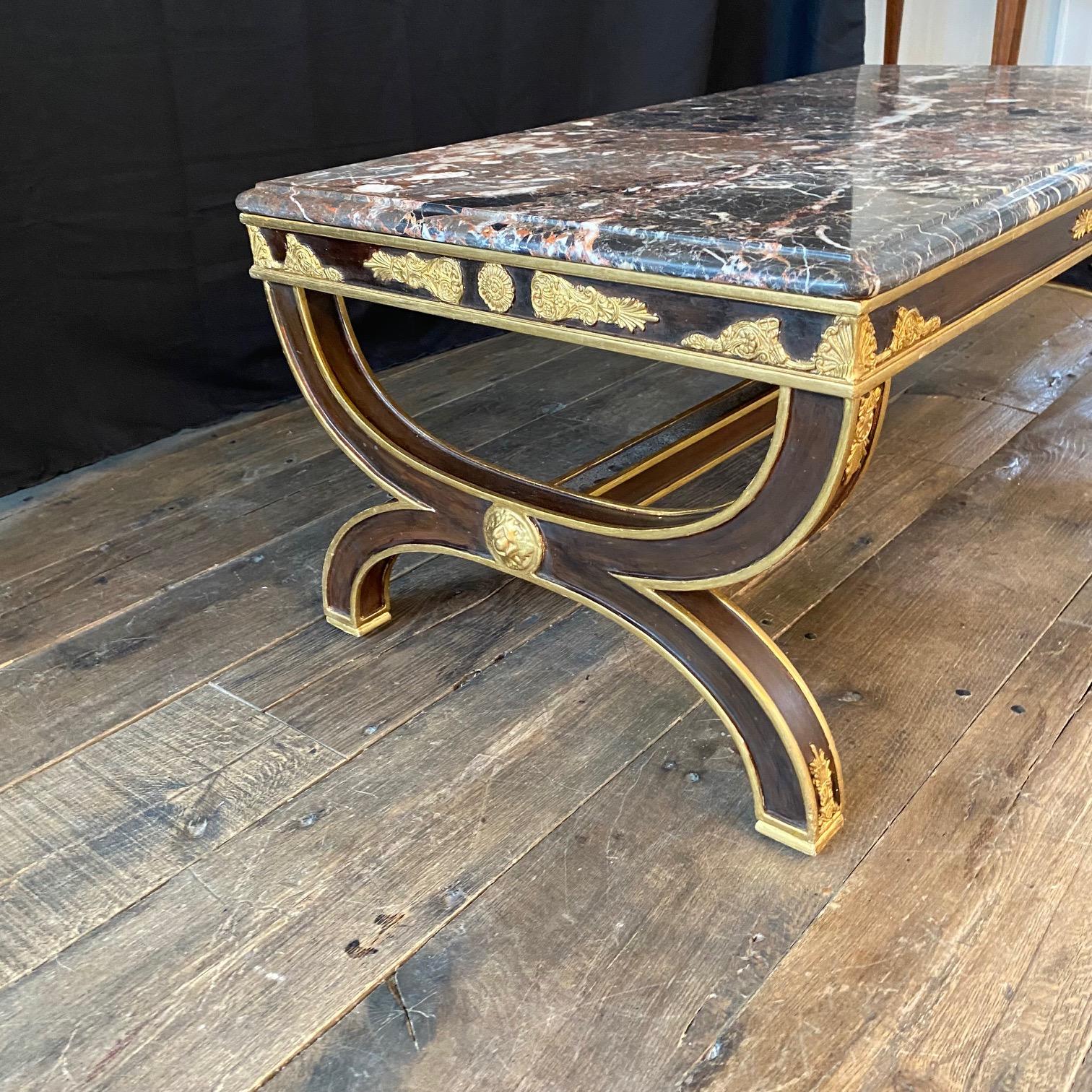 Ebonized Elegant French Antique Neoclassical Ebony and Gold Gilt Marble Top Coffee Table  For Sale