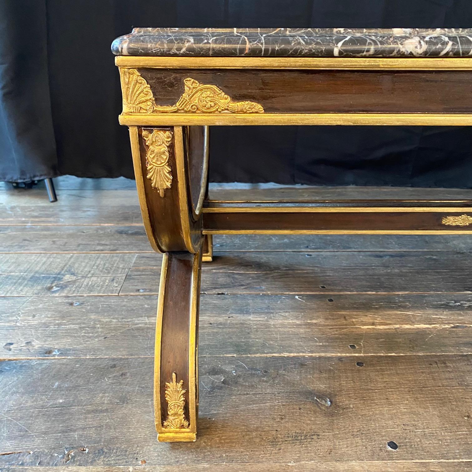 Elegant French Antique Neoclassical Ebony and Gold Gilt Marble Top Coffee Table  In Good Condition For Sale In Hopewell, NJ