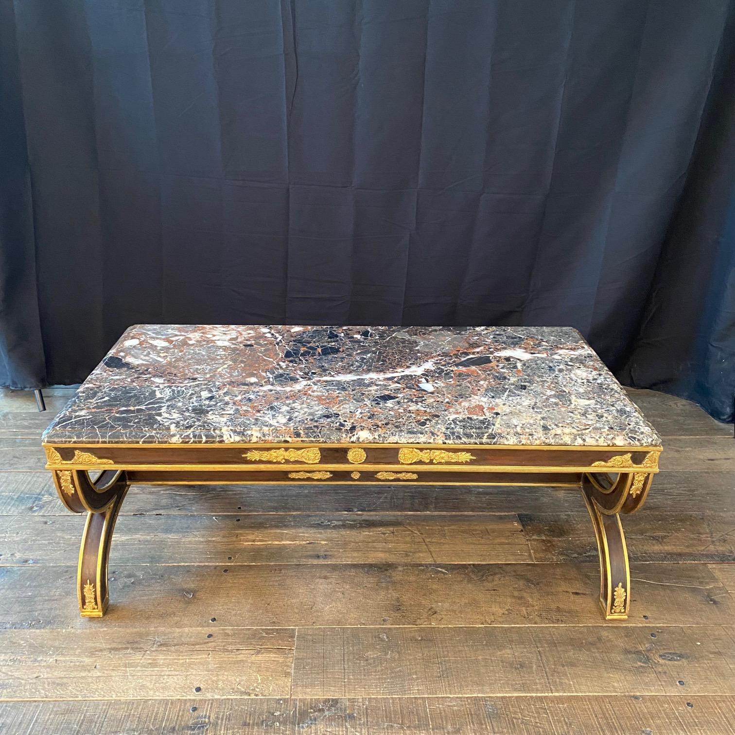 Elegant French Antique Neoclassical Ebony and Gold Gilt Marble Top Coffee Table  For Sale 1