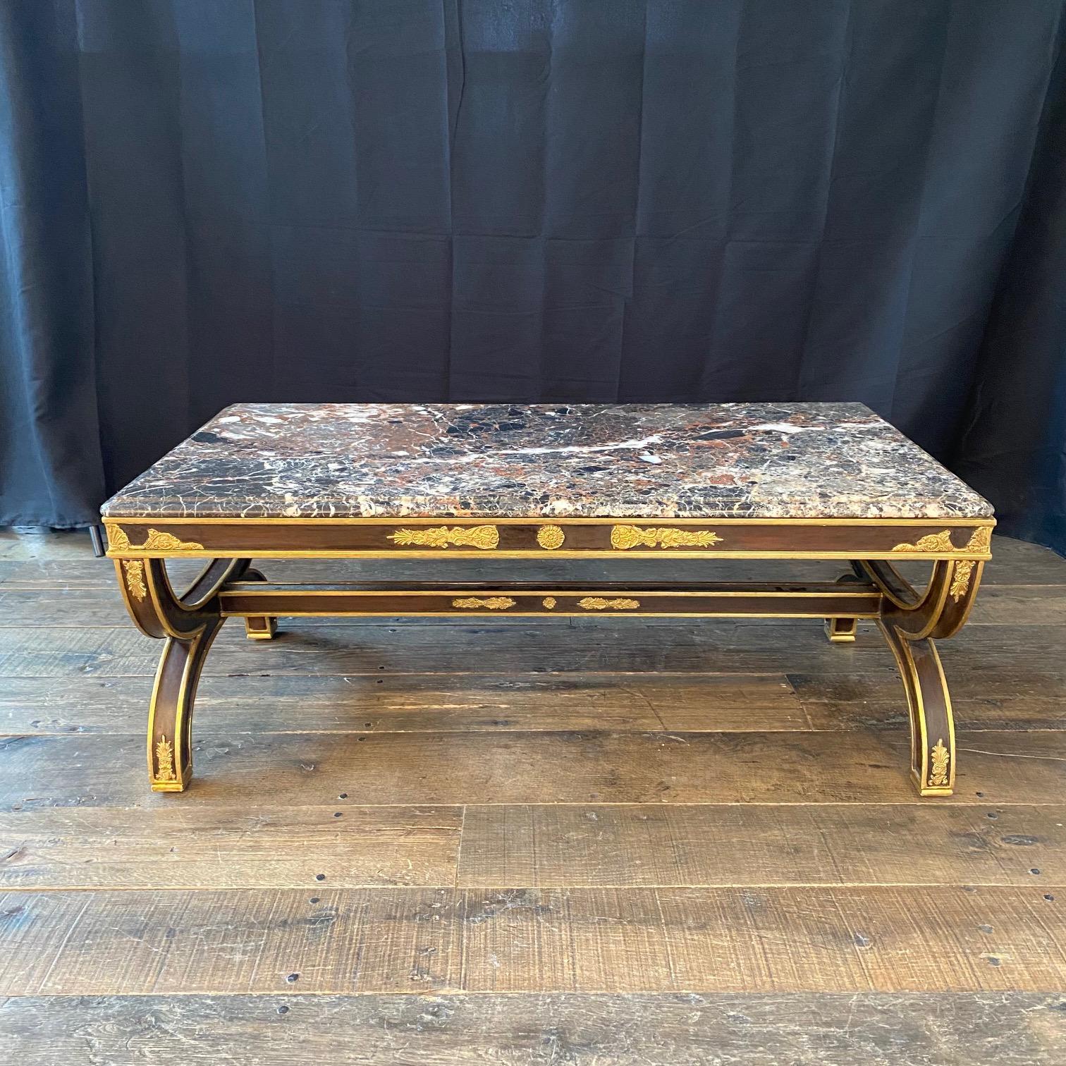 Elegant French Antique Neoclassical Ebony and Gold Gilt Marble Top Coffee Table  For Sale 4