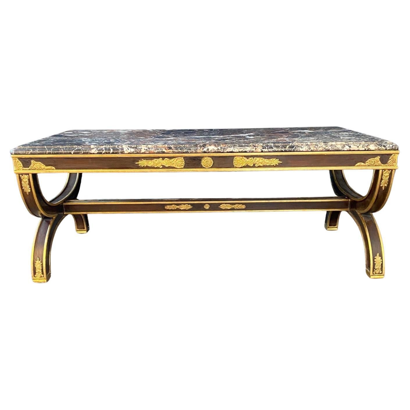 Elegant French Antique Neoclassical Ebony and Gold Gilt Marble Top Coffee Table 