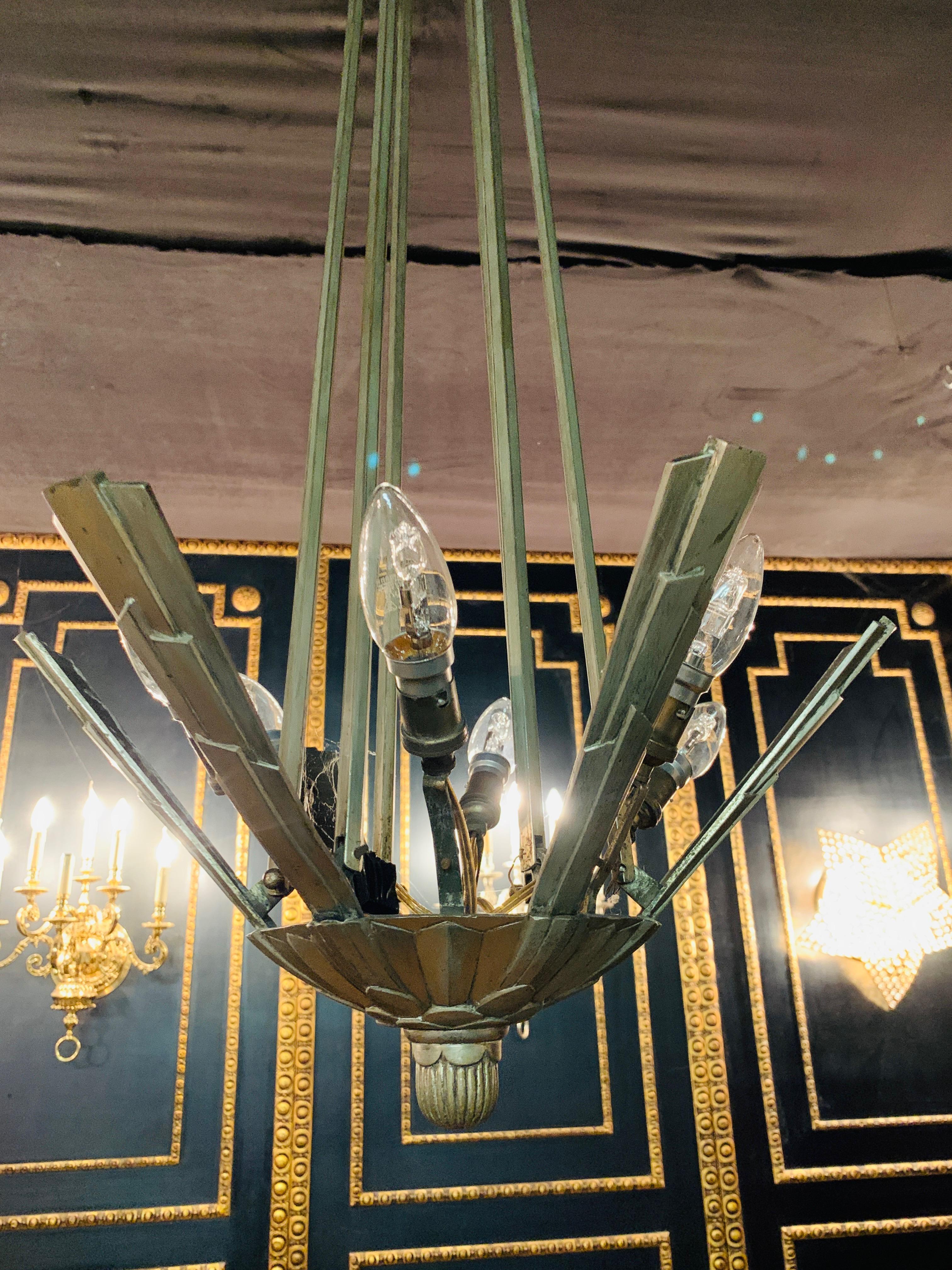 Elegant French Art Deco Chandelier with Five Clear Frosted Glass Panels 10