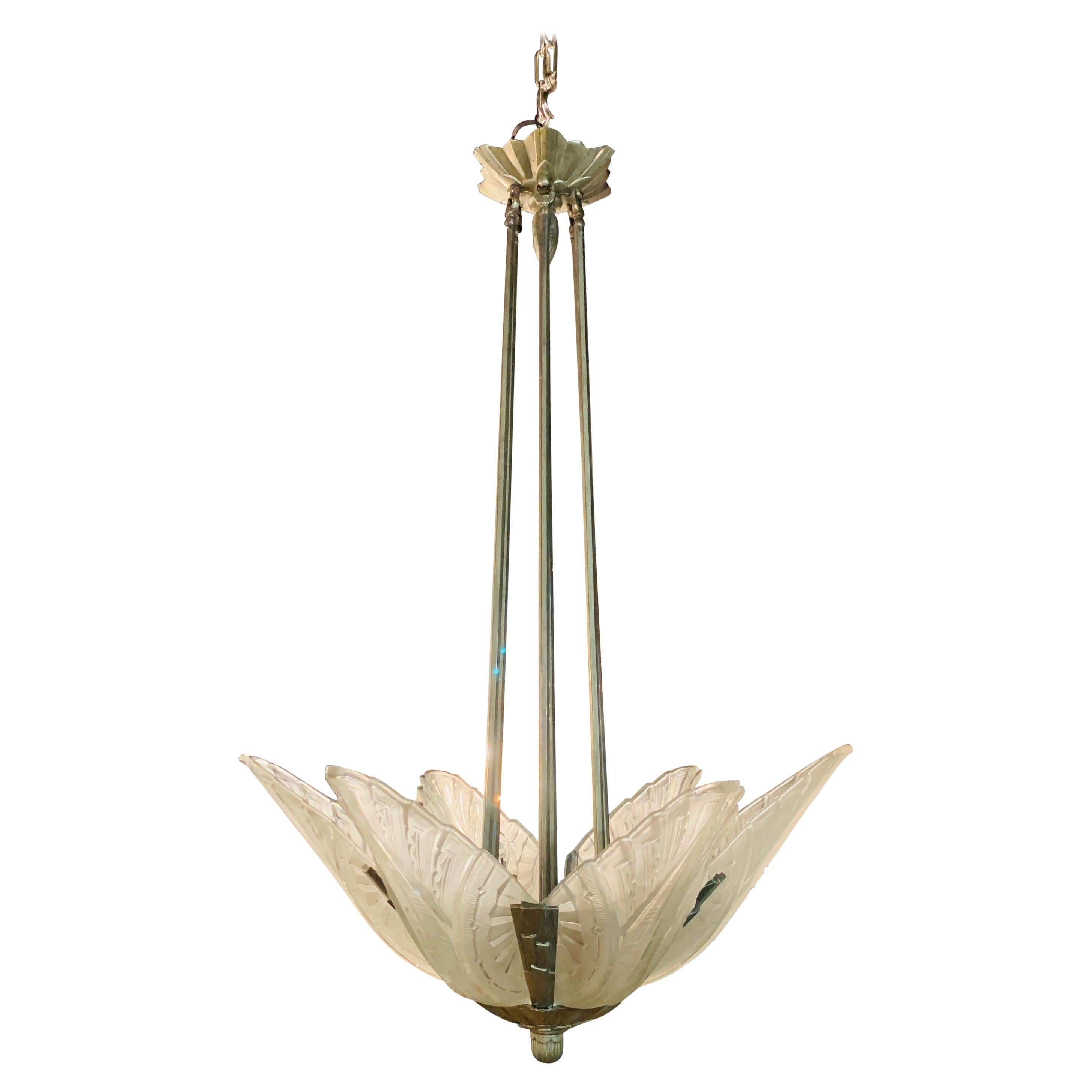 Elegant French Art Deco Chandelier with Five Clear Frosted Glass Panels