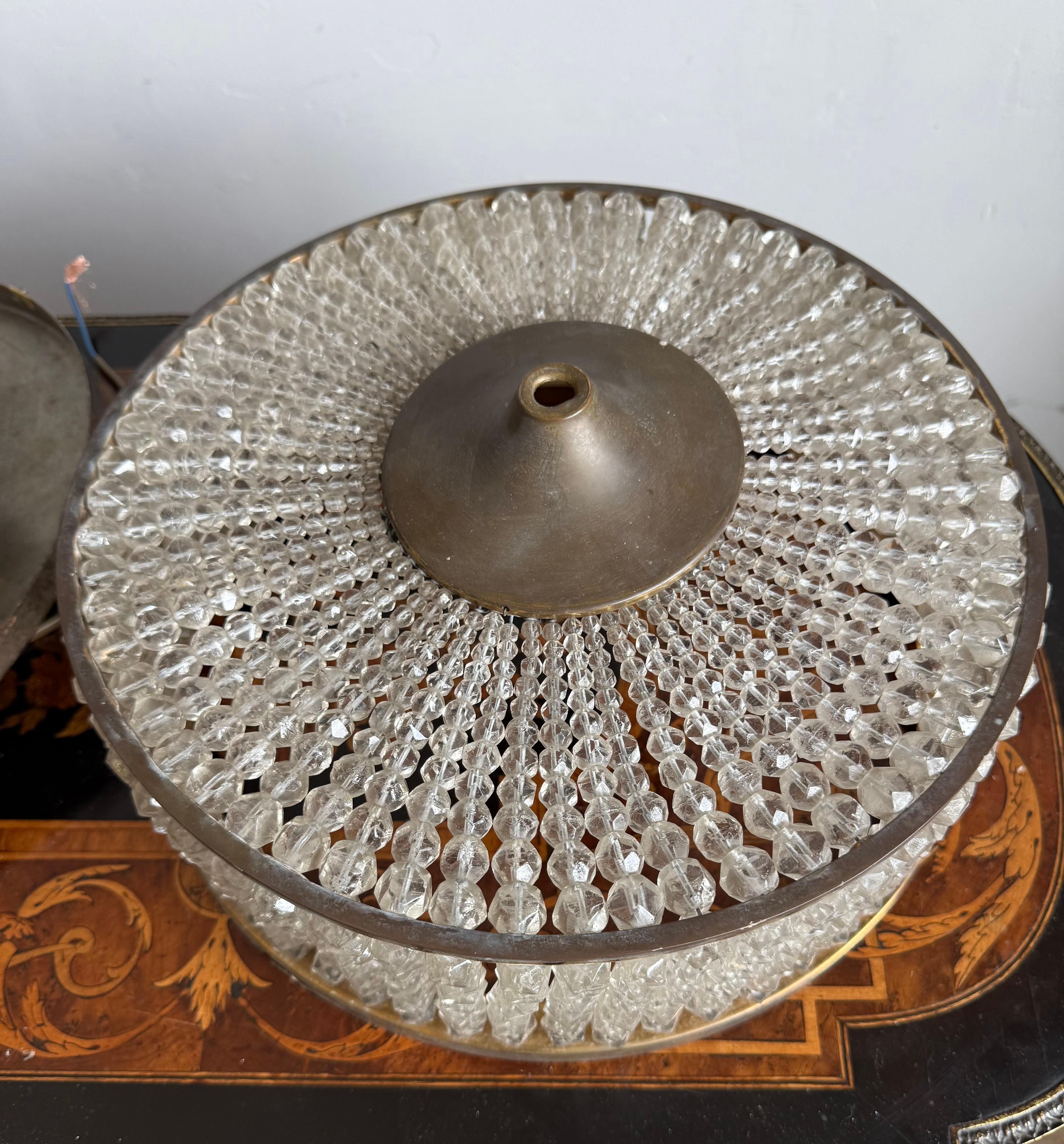 Elegant French Art Deco Flush Mount Ceiling Light with Crystal Beads, circa 1940 in vendita 4