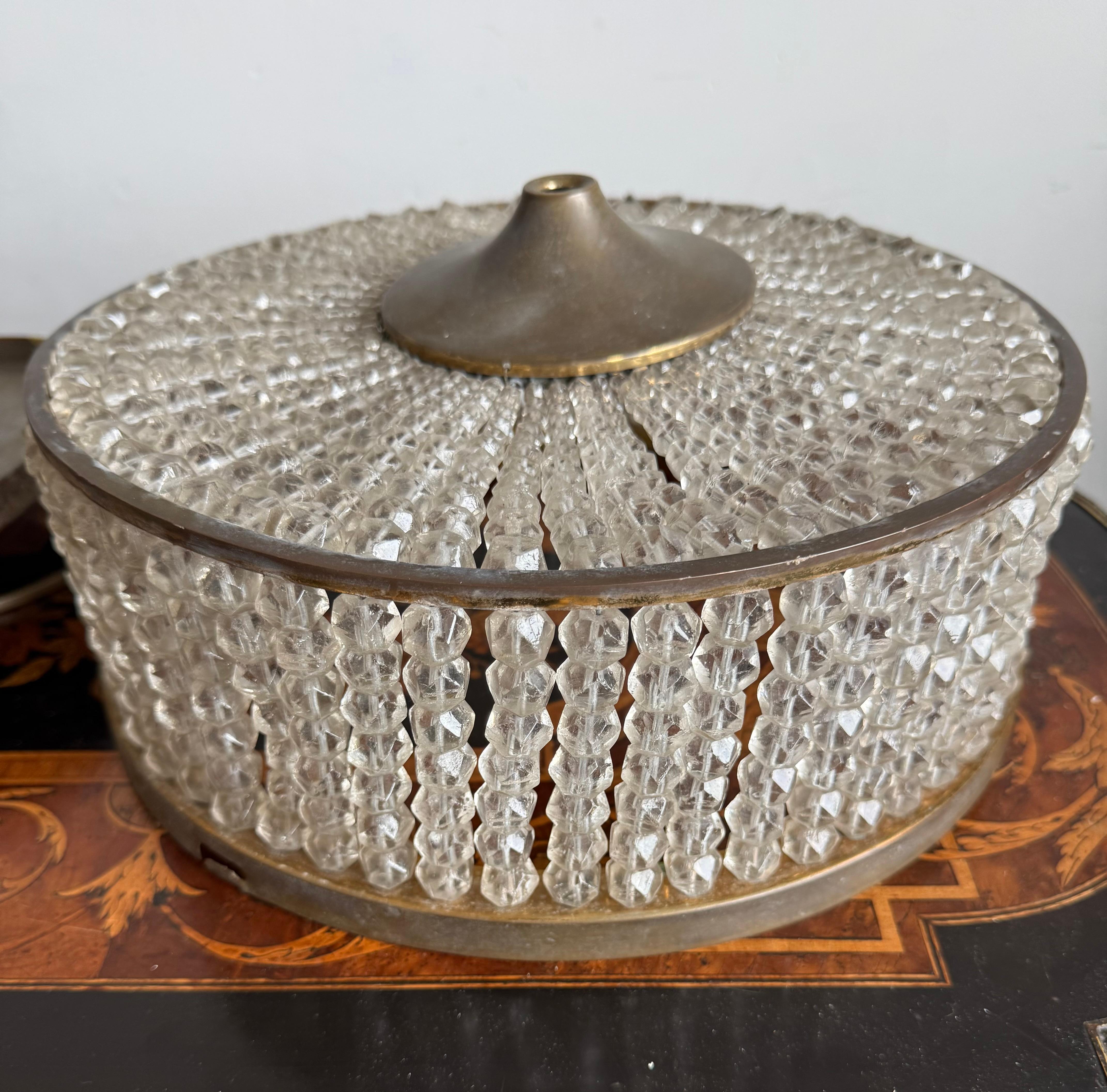 Elegant French Art Deco Flush Mount Ceiling Light with Crystal Beads, circa 1940 in vendita 5