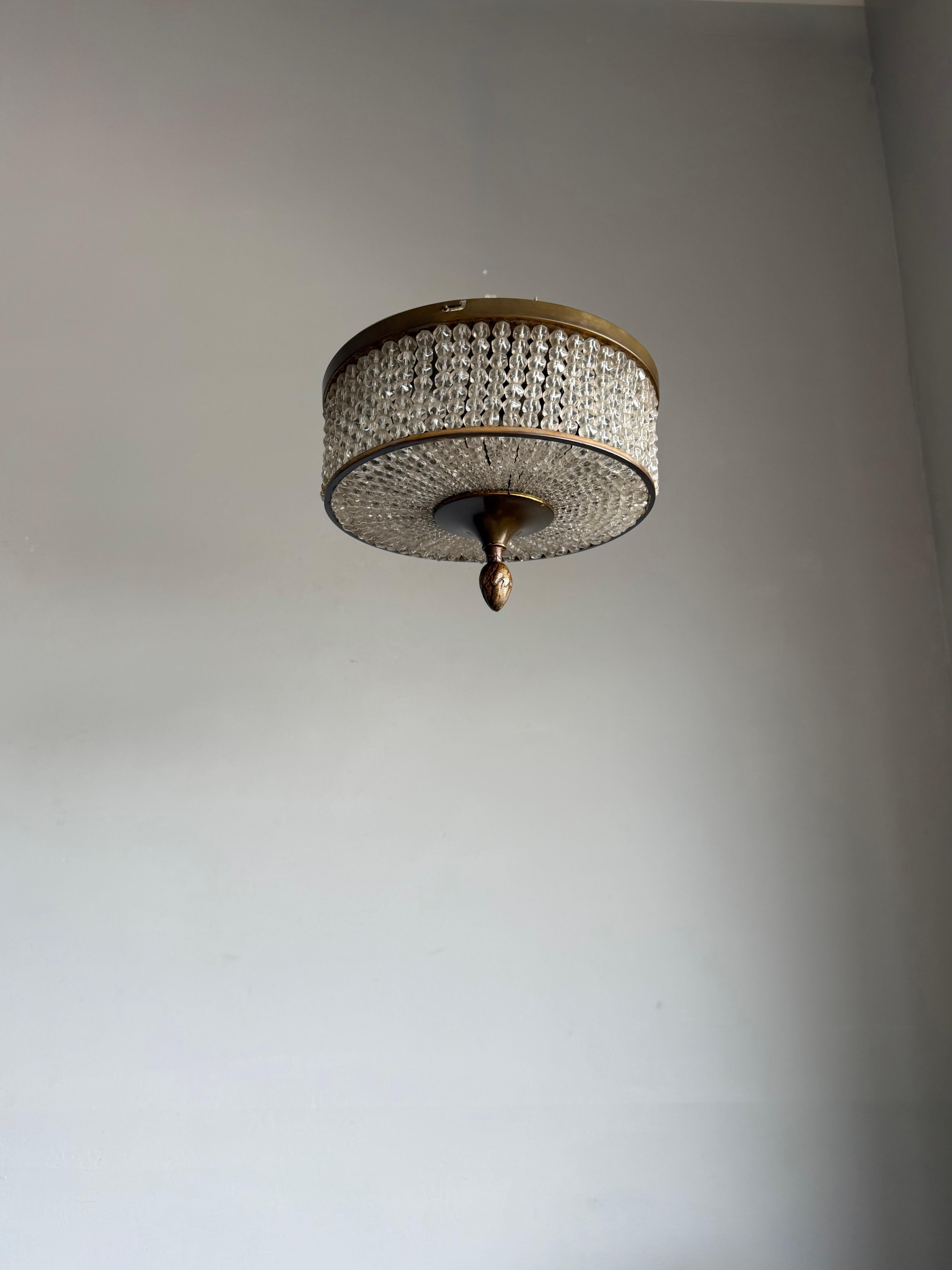 Luigi XV Elegant French Art Deco Flush Mount Ceiling Light with Crystal Beads, circa 1940 in vendita