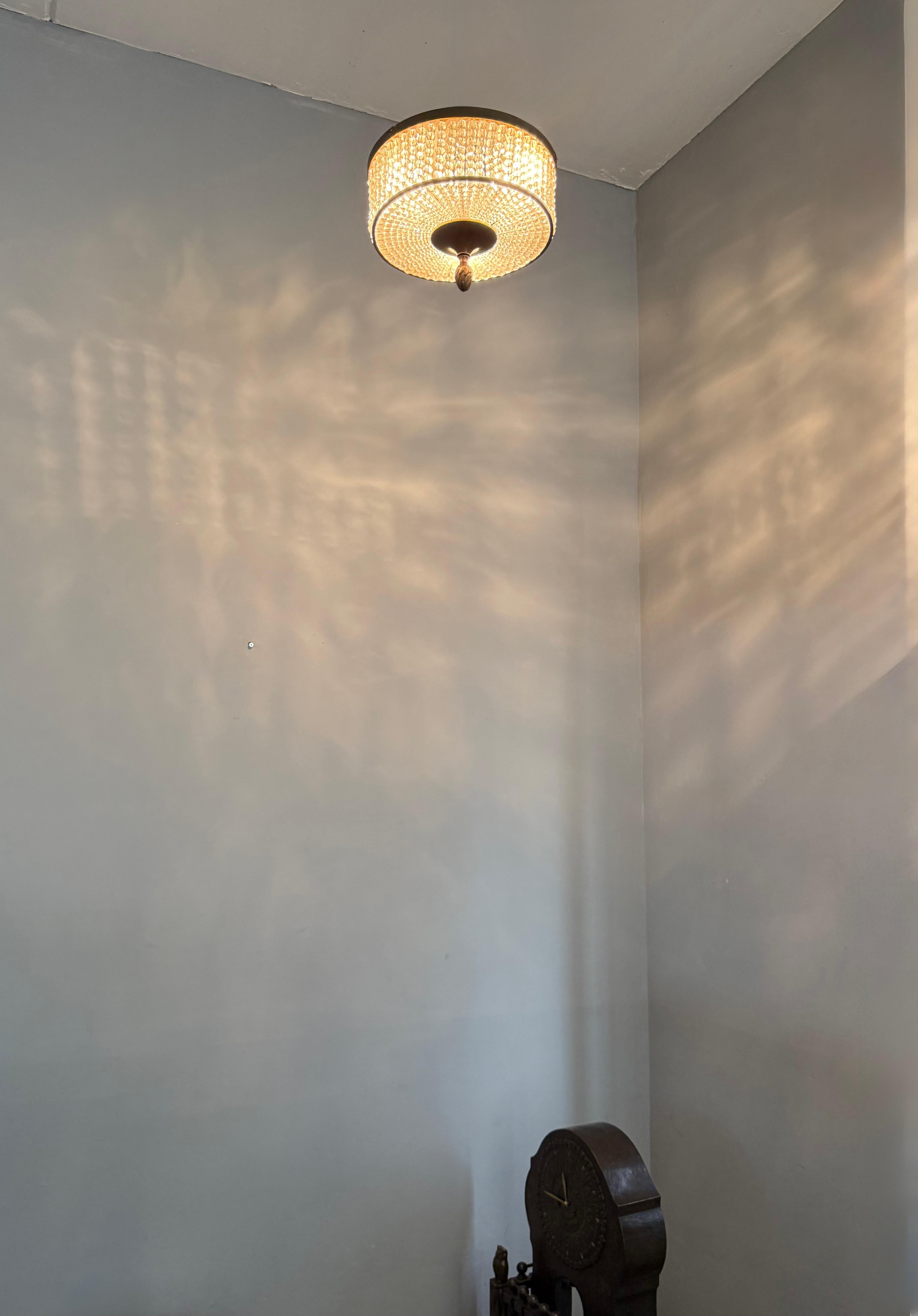 Francese Elegant French Art Deco Flush Mount Ceiling Light with Crystal Beads, circa 1940 in vendita