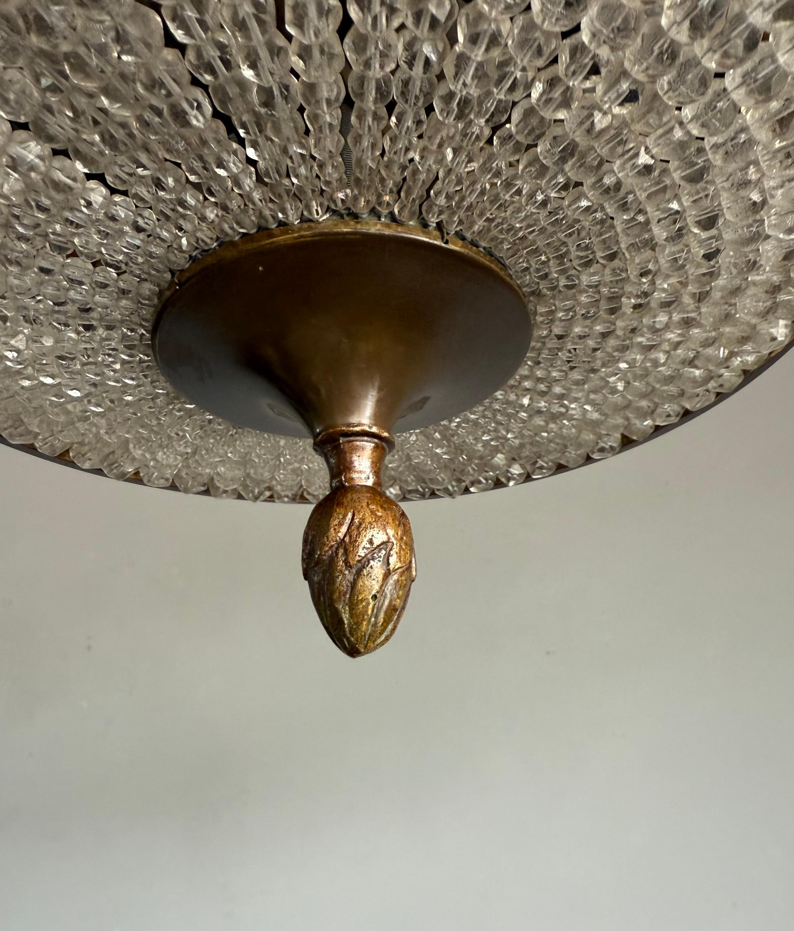 Ottone Elegant French Art Deco Flush Mount Ceiling Light with Crystal Beads, circa 1940 in vendita